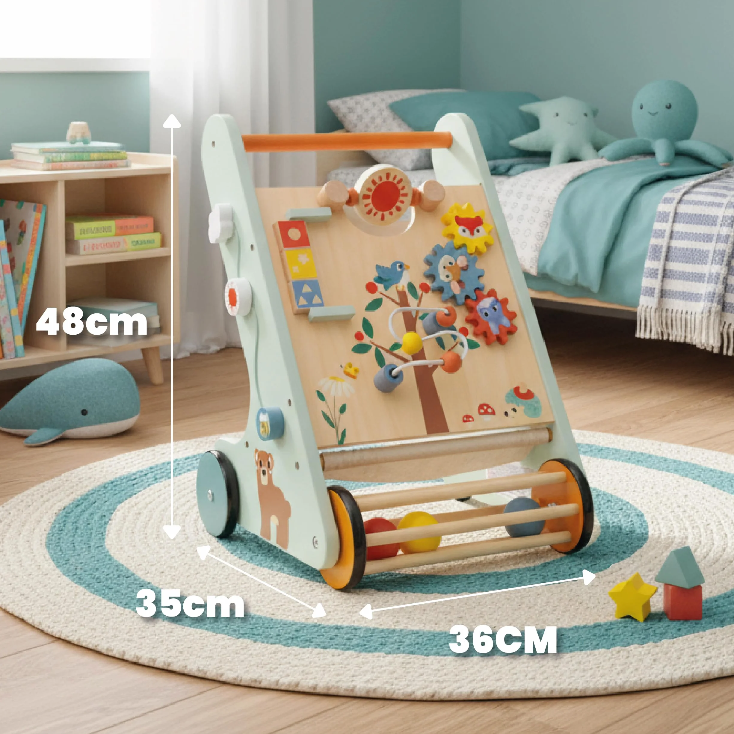 Trotteur bébé XXL en bois avec tableau d'activité, chariot de marche pour garçon et fille (Bleu)