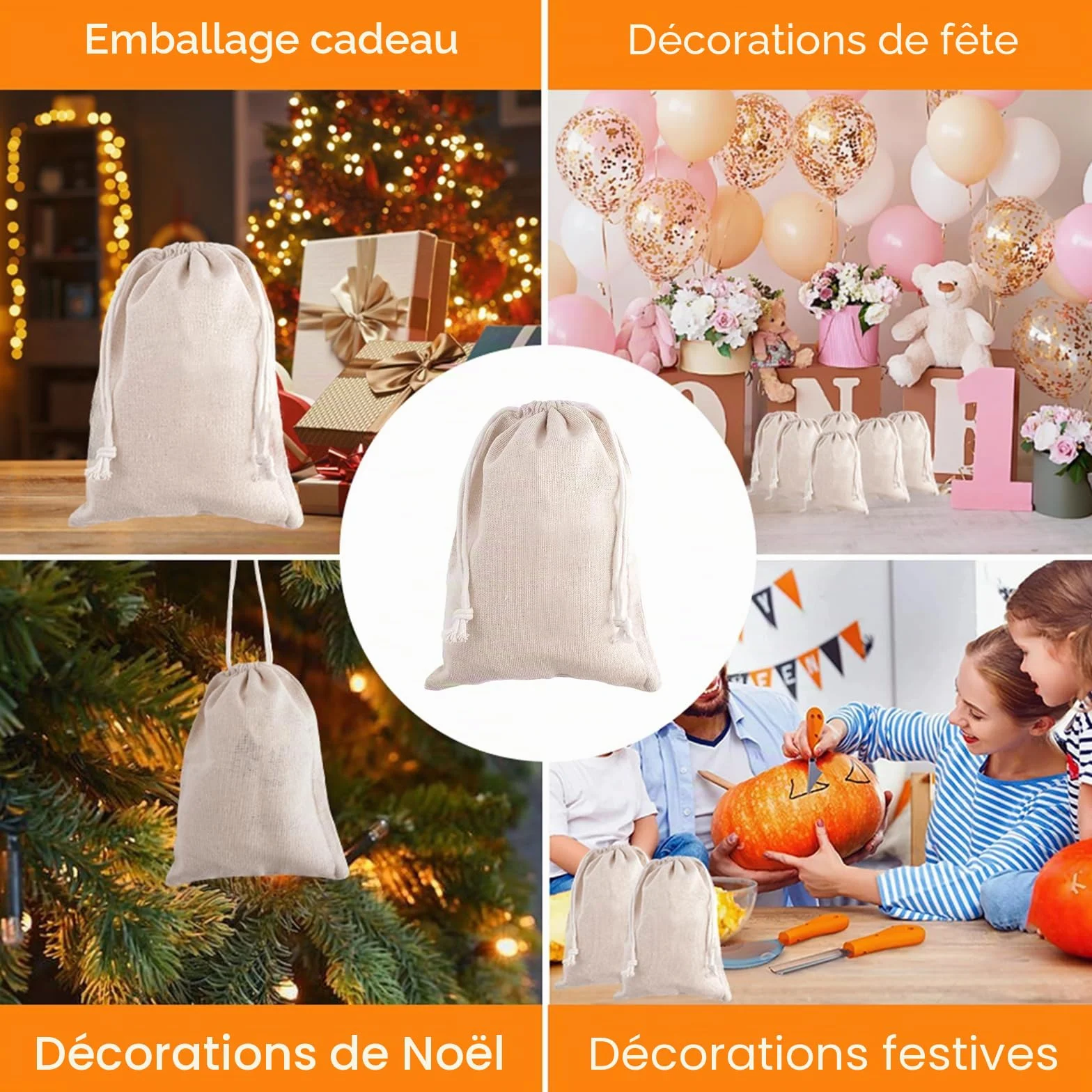 Sacs en Tissu avec Cordon Lot de 16, 15x20 cm, Sachets en Coton Lin Jute pour Cadeaux Mariages Noël
