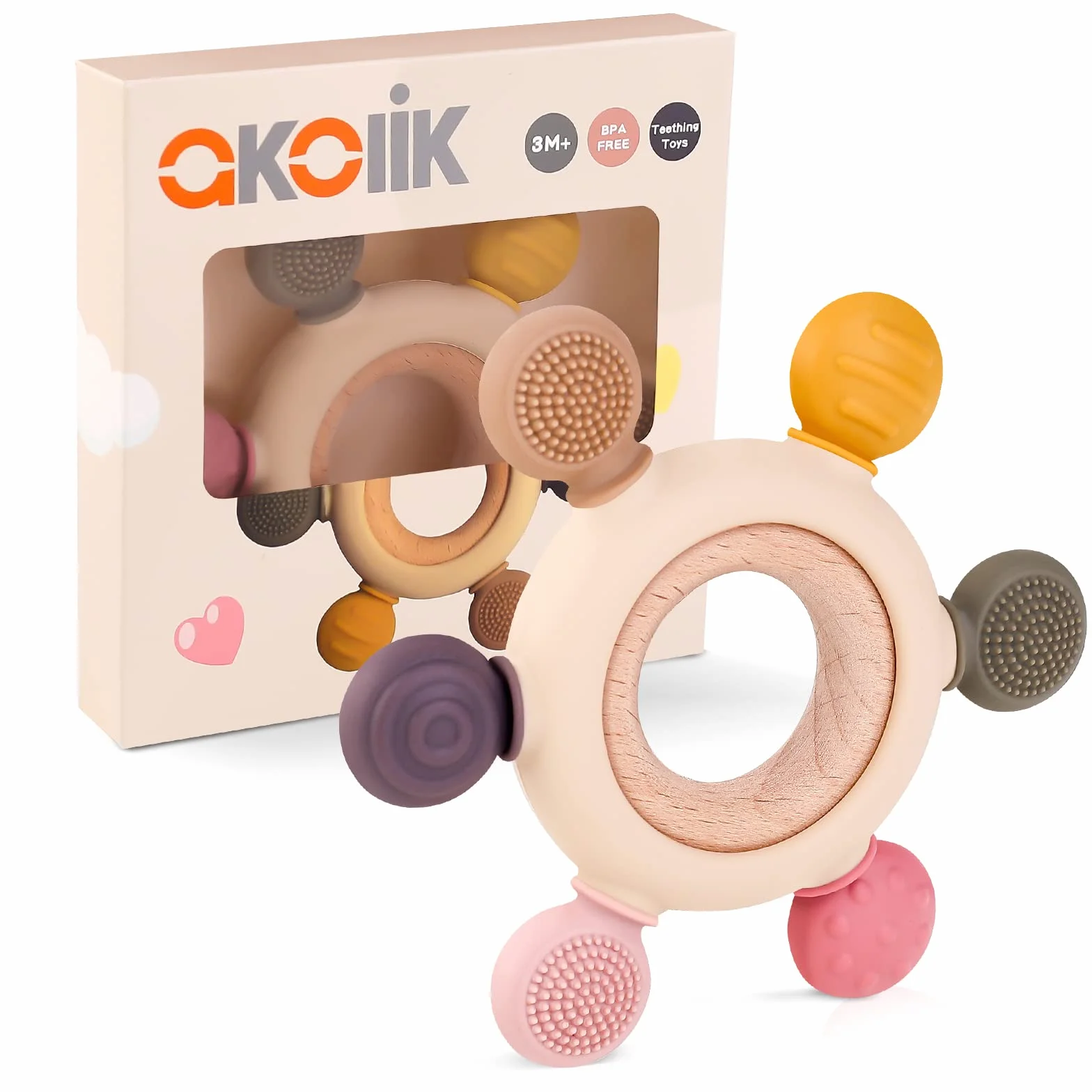 Anneau de Dentition Bébé Silicone Bois Sans BPA 3-12 Mois Jouet Dentition