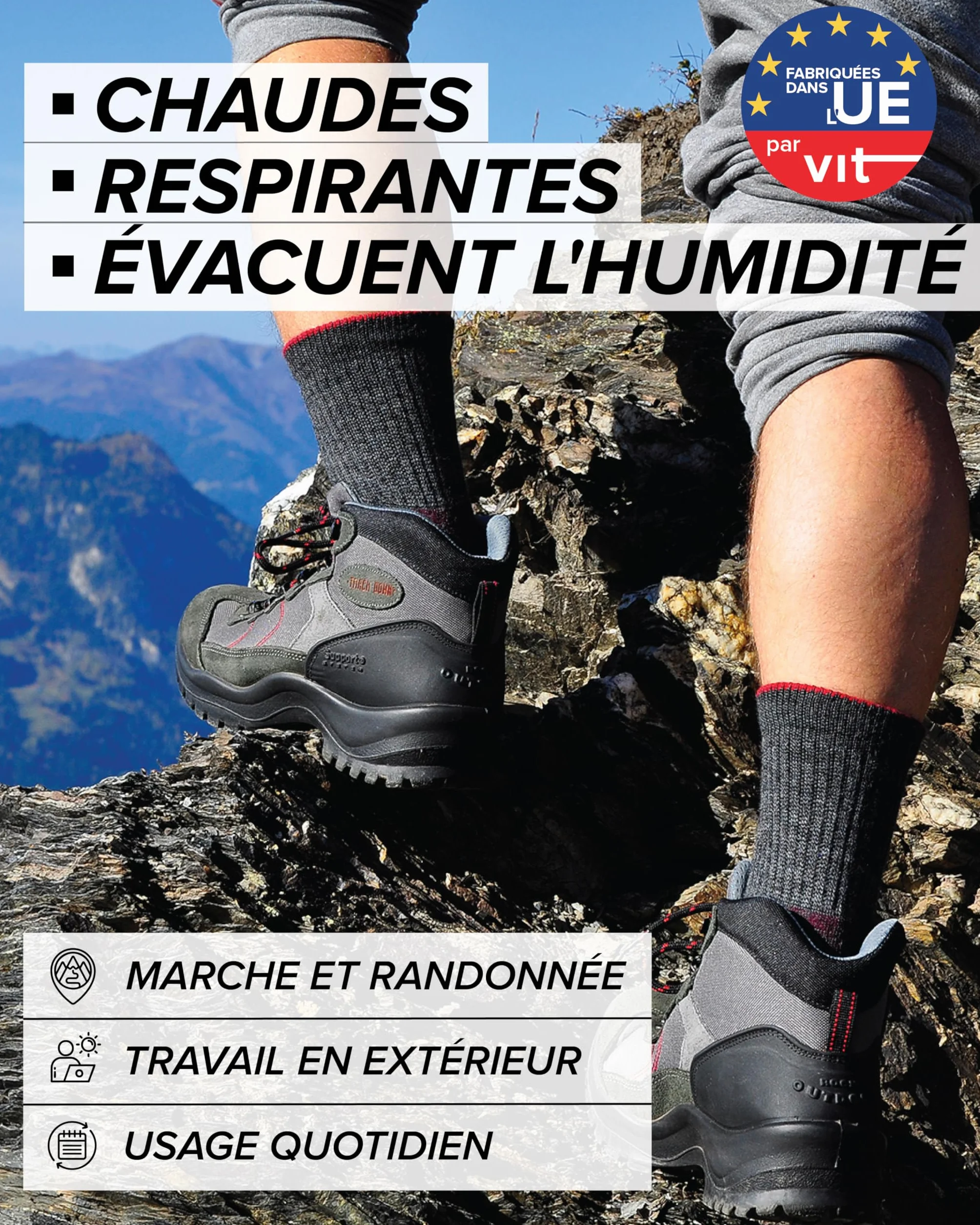 vitsocks Chaussette technique randonnée LAINE MÉRINOS anti-ampoule Homme chaude trekking