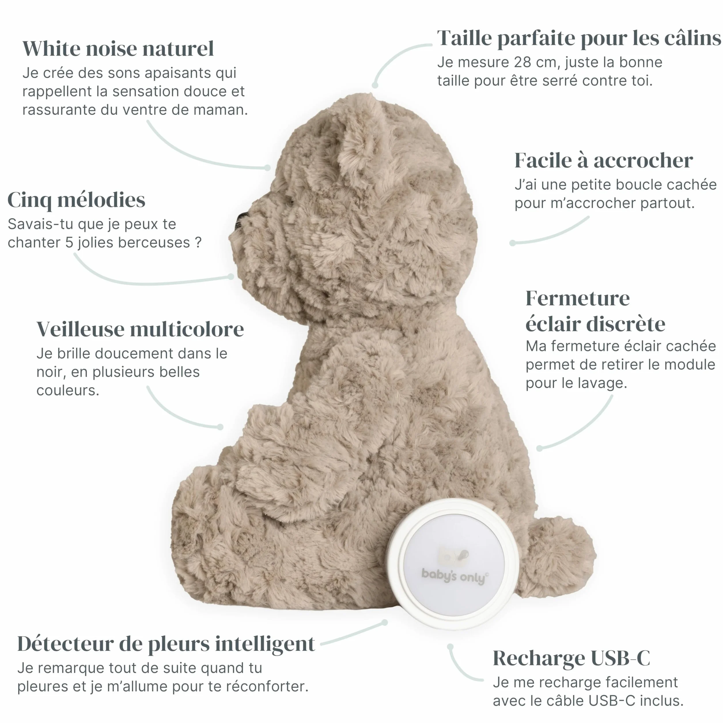 Baby's Only Ours en peluche avec entraîneur de sommeil musical et veilleuse bébé bruit blanc taupe