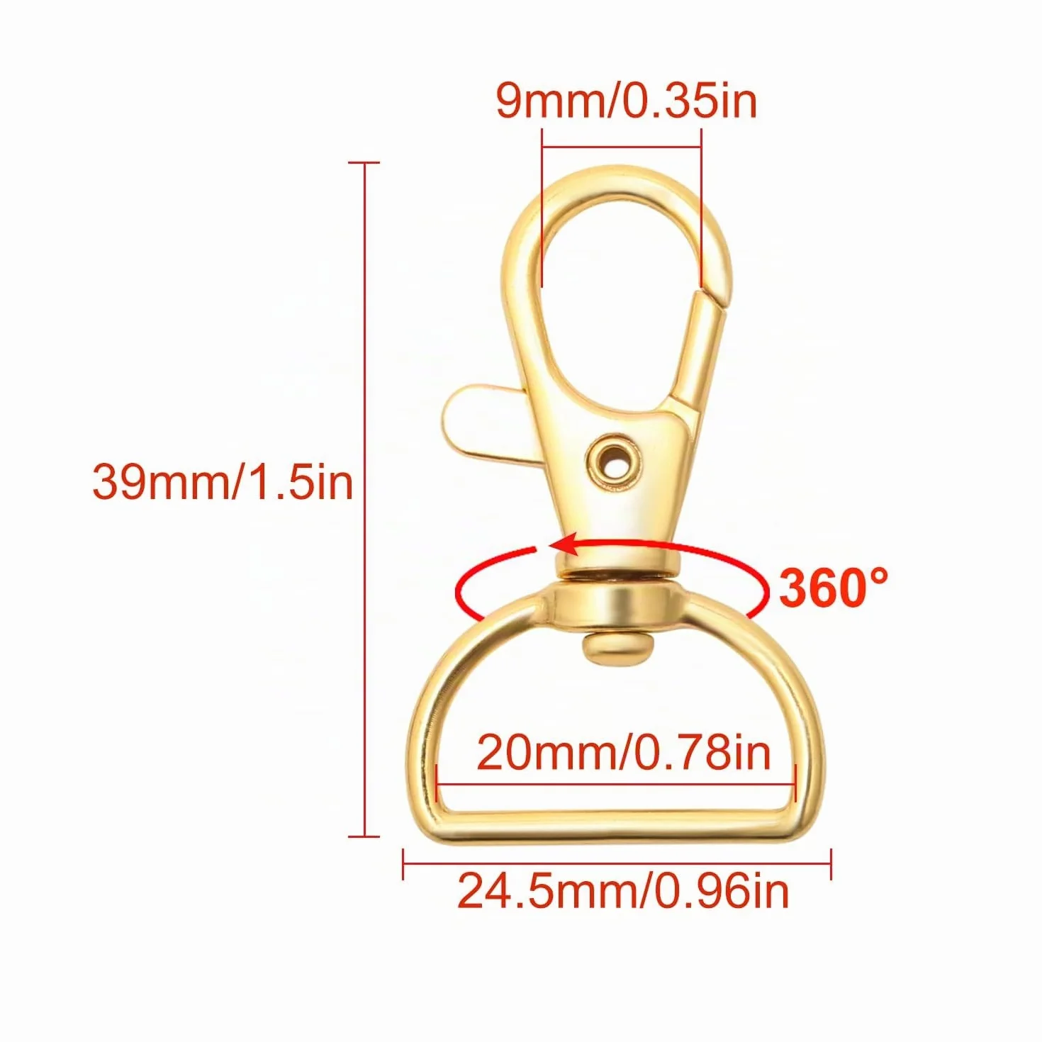Lot de 40 porte-clés en métal doré avec fermoir mousqueton pivotant 360°