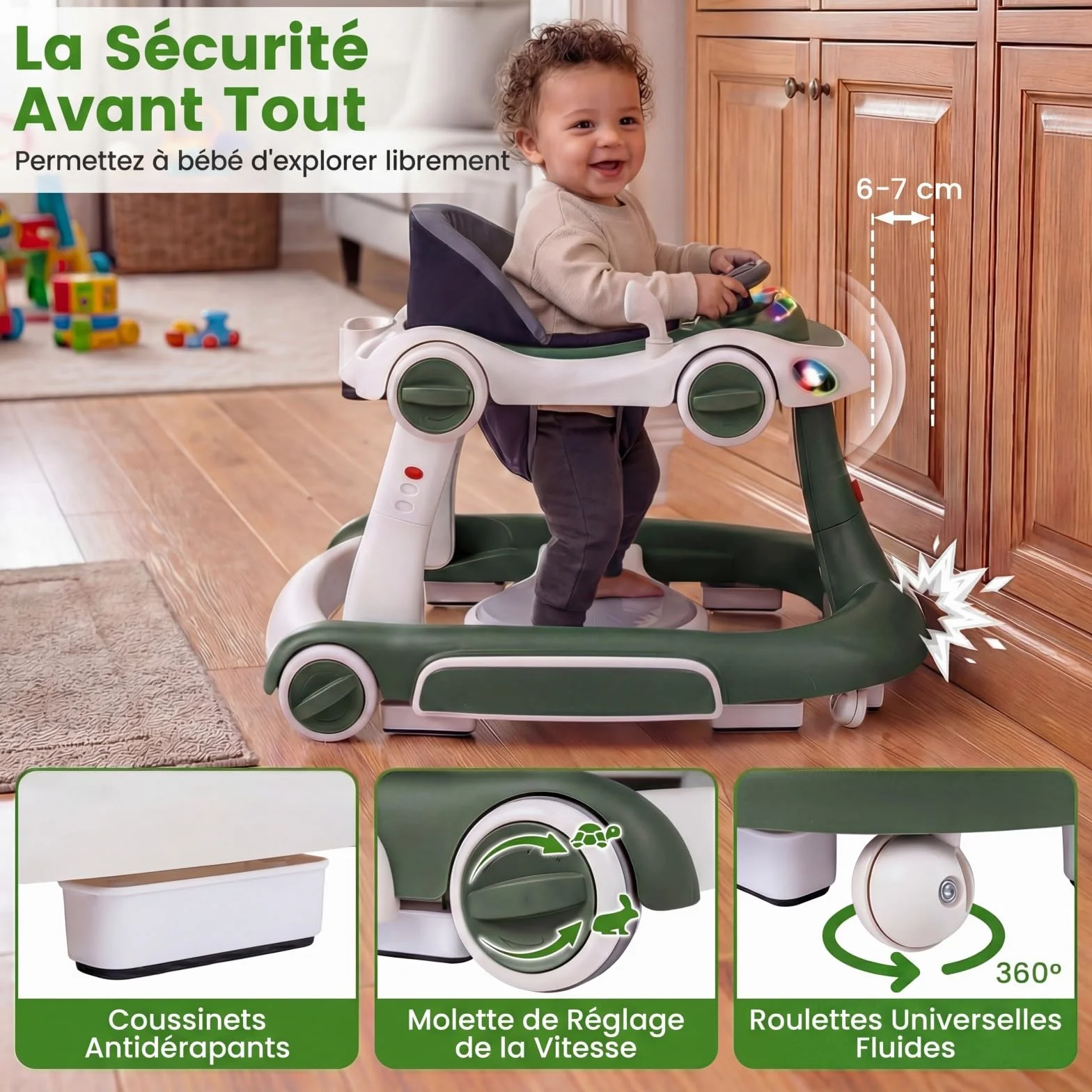 COSTWAY Trotteur Bébé Pliable 7 en 1 avec Mode Bascule et Sautillant, Hauteur Réglable, Musique et Lumière, Charge 12kg, 7-18 Mois (Vert)