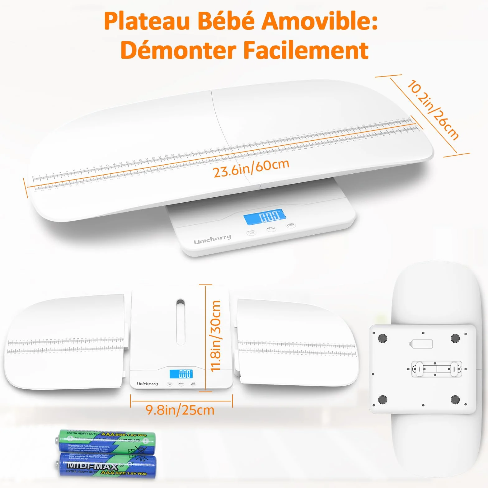 Pèse-Bébé numérique multifonctionnel avec plateau amovible, tare et maintien, 100kg