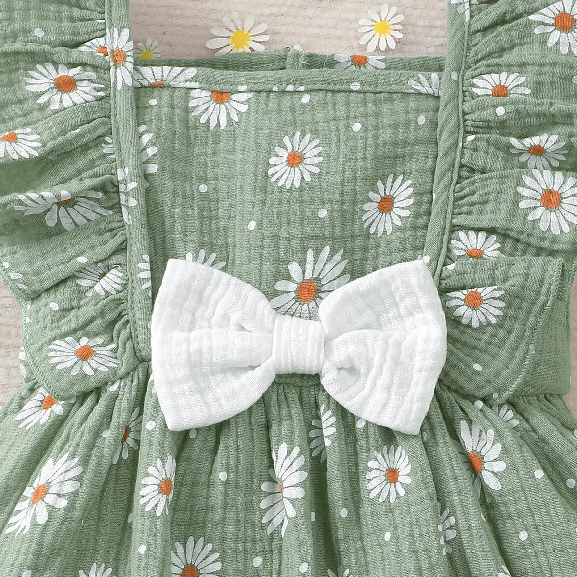 Robe en Coton et Lin pour Petites Filles Imprimée Cœurs Fleurs Manches à Volants Tenue Printemps Été