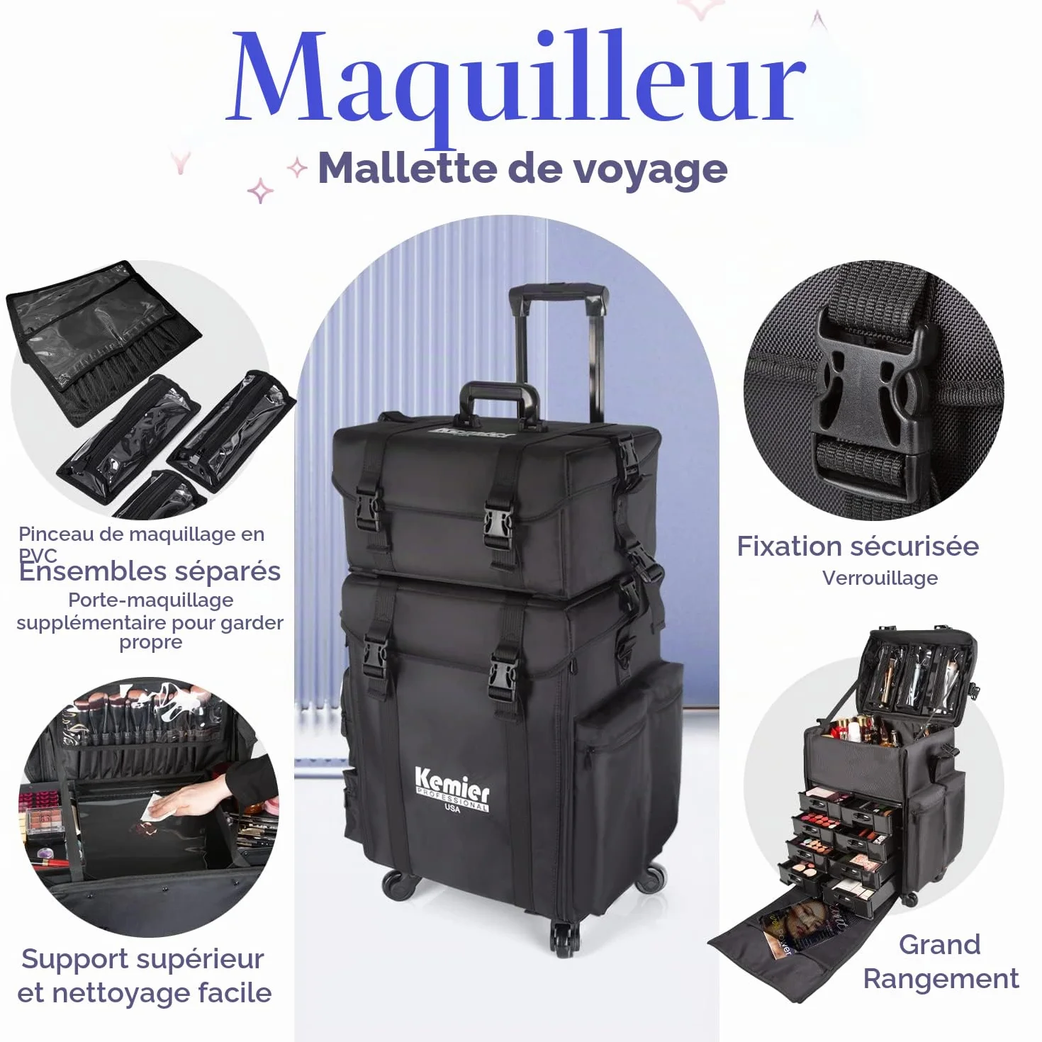 Mallette de Maquillage Professionnelle Kemier Roues Omni-directionnelles 2 en 1 à Côté Souple avec Tiroirs