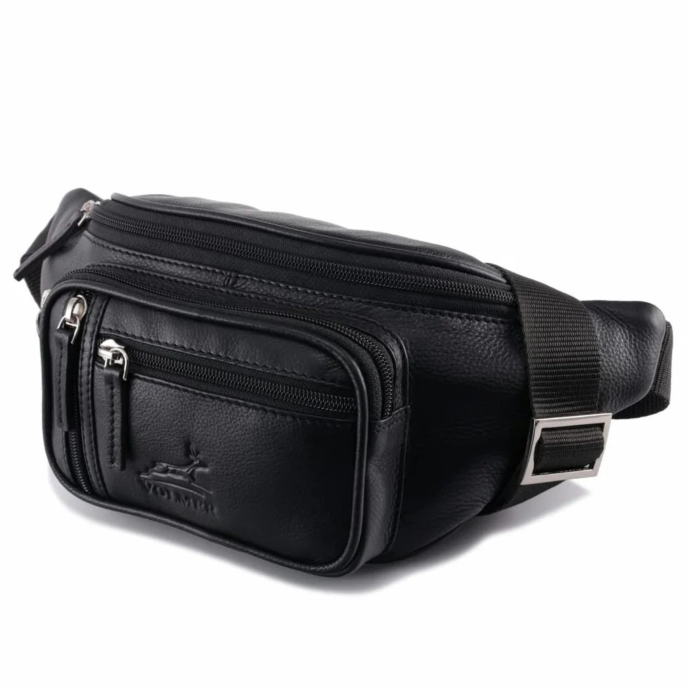 Sac Banane en Cuir Véritable pour Homme et Femme, Noir et Marron
