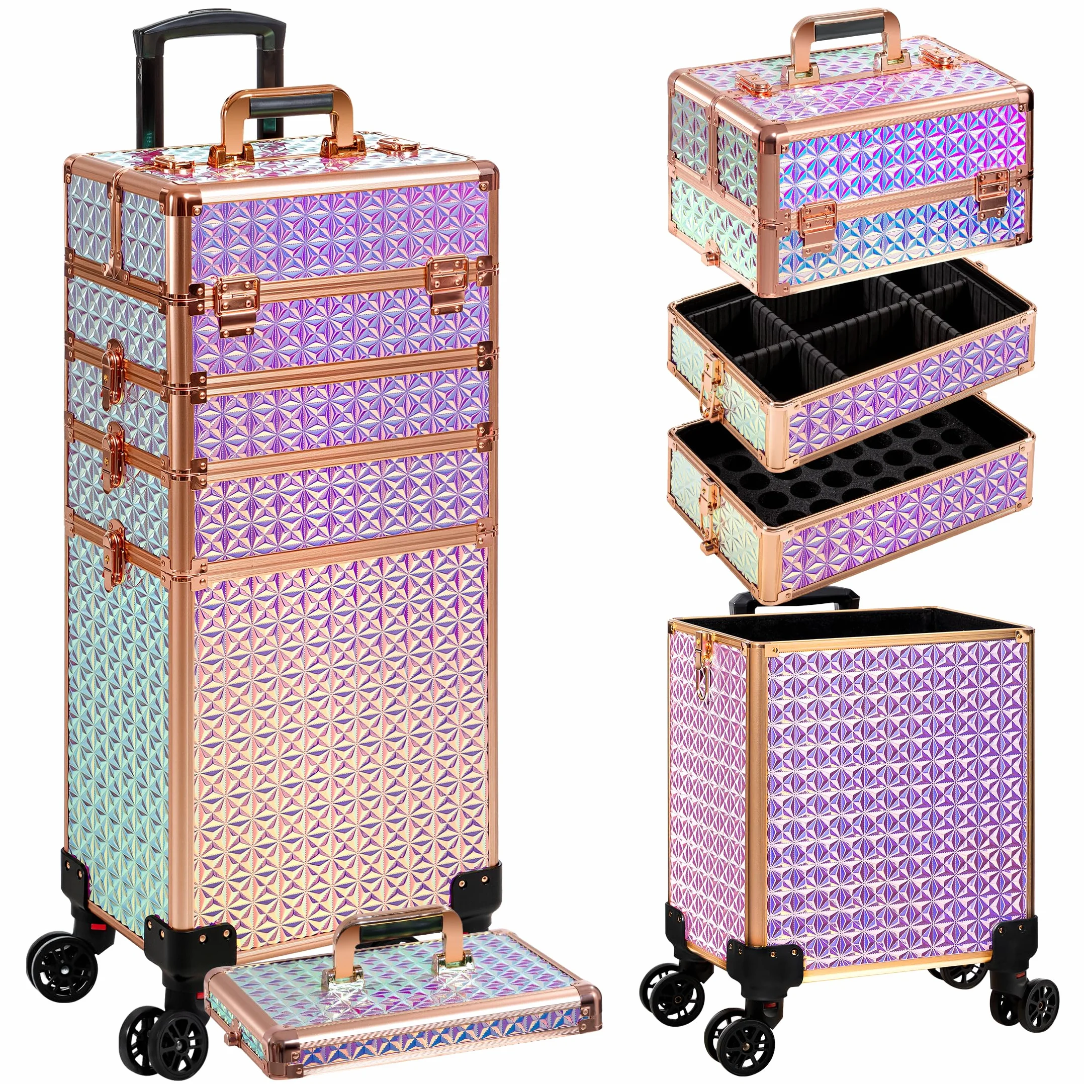 Mallette de maquillage professionnelle en aluminium 5 en 1 avec roulettes pivotantes 360°