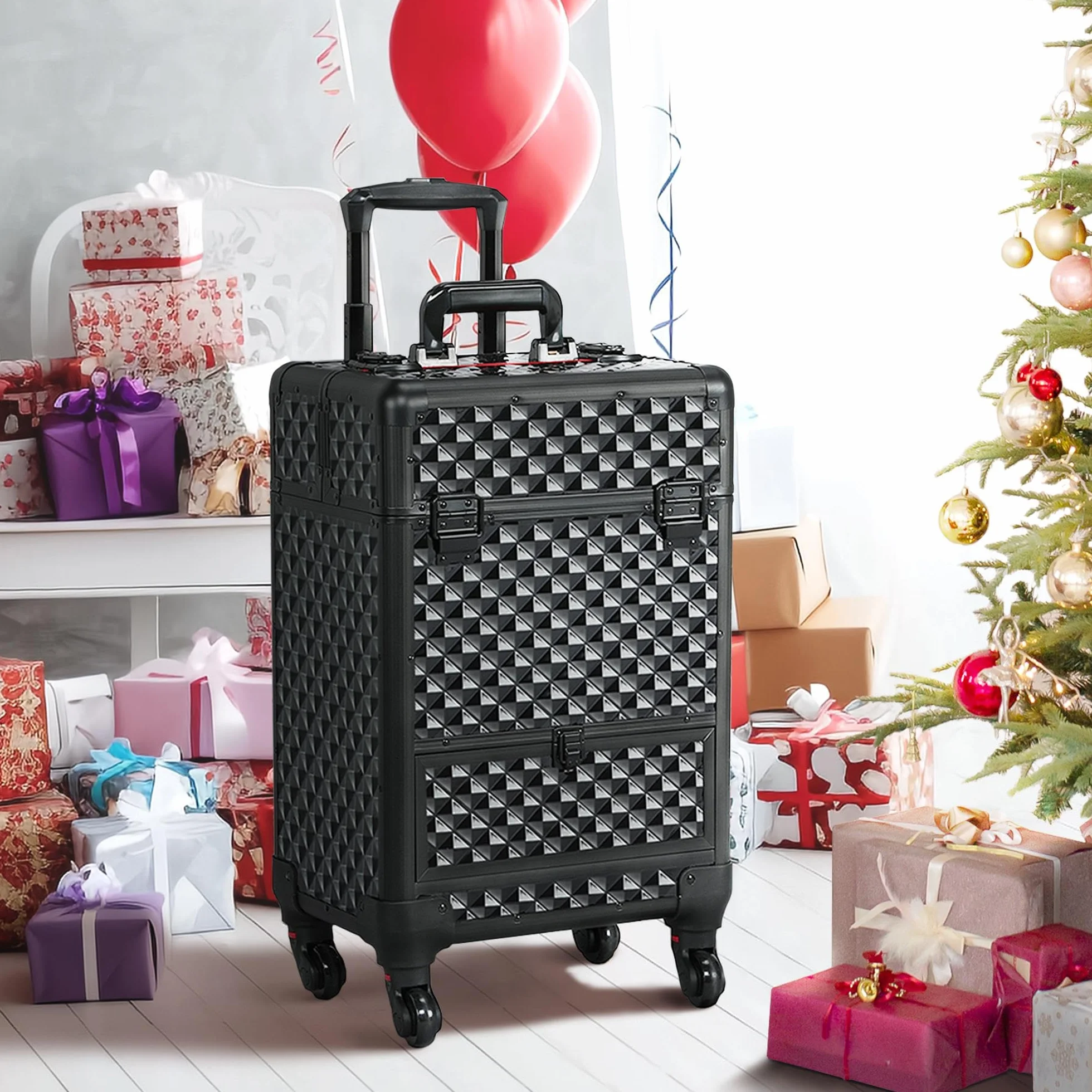 Yaheetech Valise de Maquillage Professionnel 1 Tiroir Mallette Verrouillable 4 Plateaux Rétractables 34x24x55 cm Noir Rouge