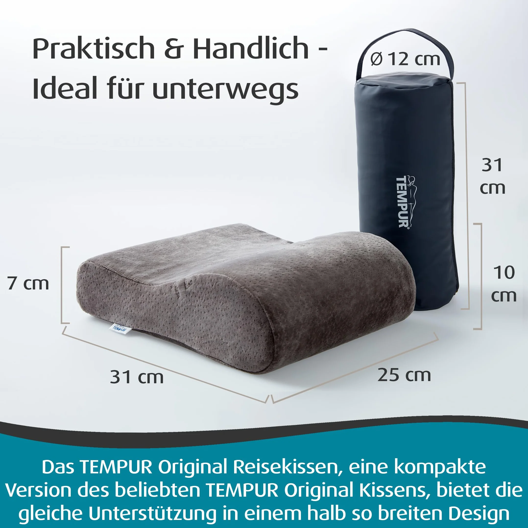 TEMPUR Coussin de Voyage Ergonomique Mémoire de Forme Sac Transport Anthracite 25x31x10/7 cm