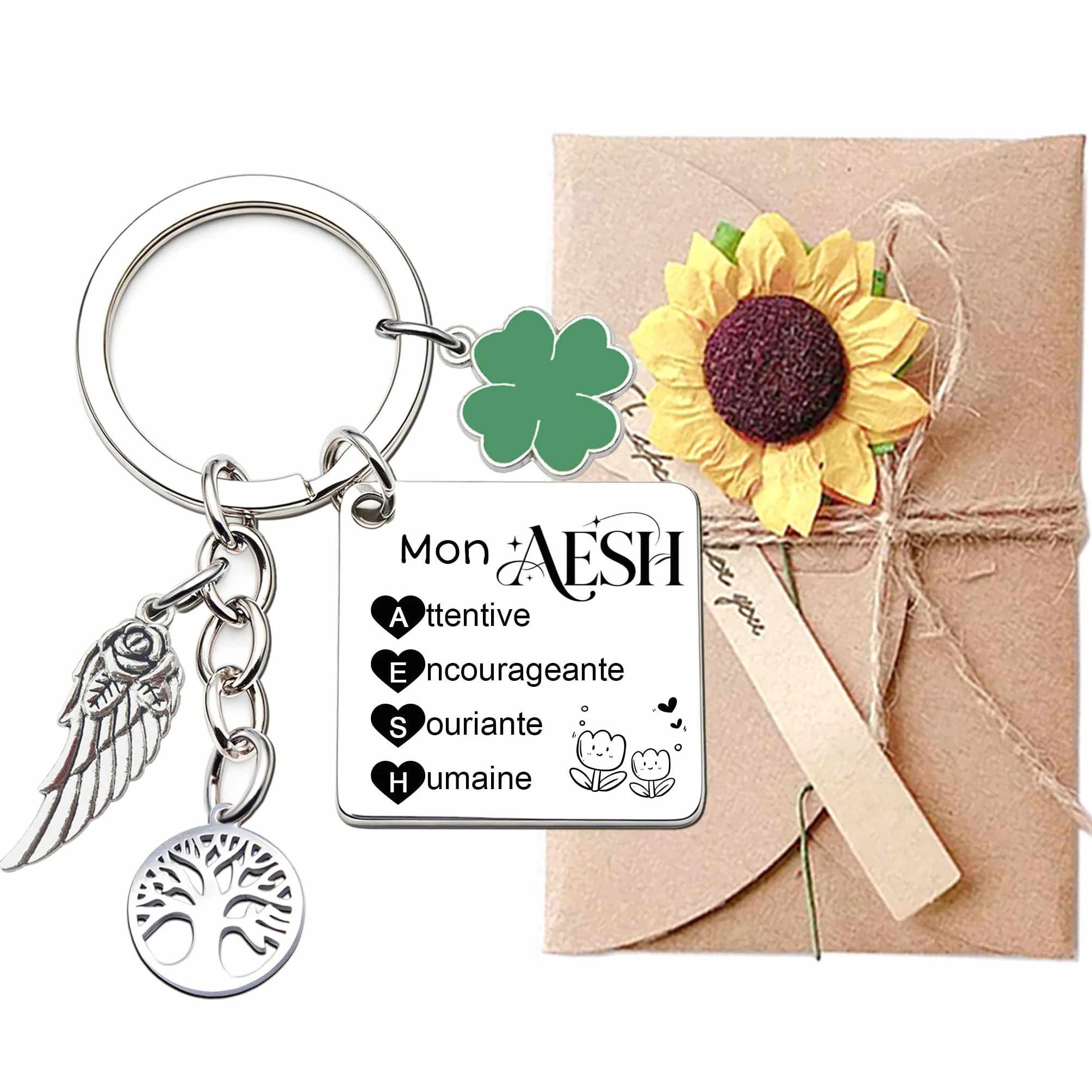 Porte-clés AESH Cadeau Remerciement Personnalisé Fin d'Année Professeur Symbole Amour Bonheur