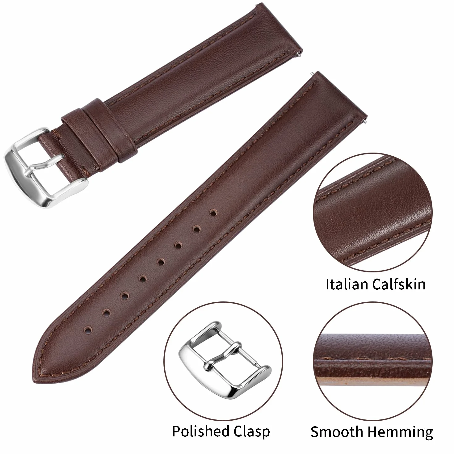 Bracelet de Montre Cuir 20mm Remplaçable Dégagement Rapide Marron Boucle à Ardillon Hommes Femmes