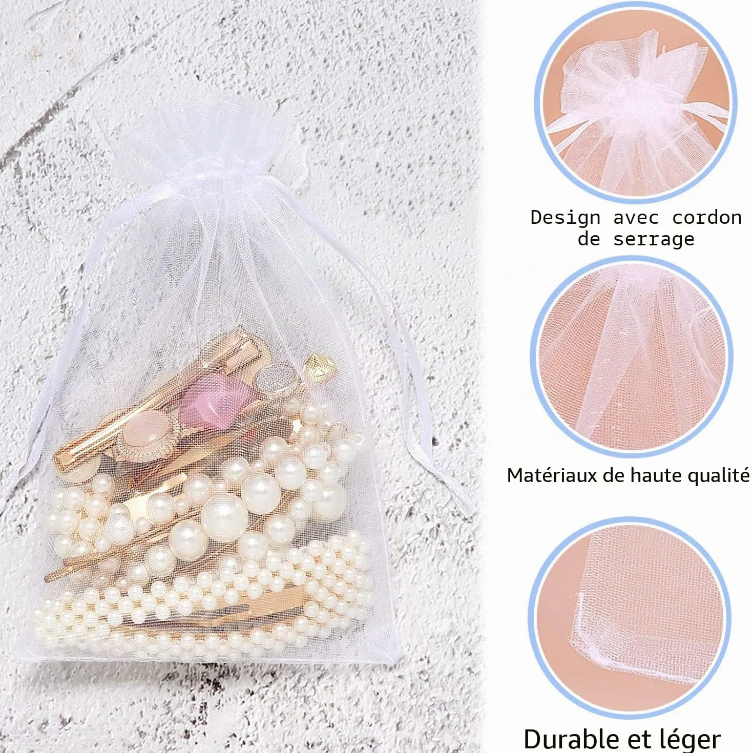 Sachets en organza blanc 9 x 12 cm Lot de 100 avec cordon en satin