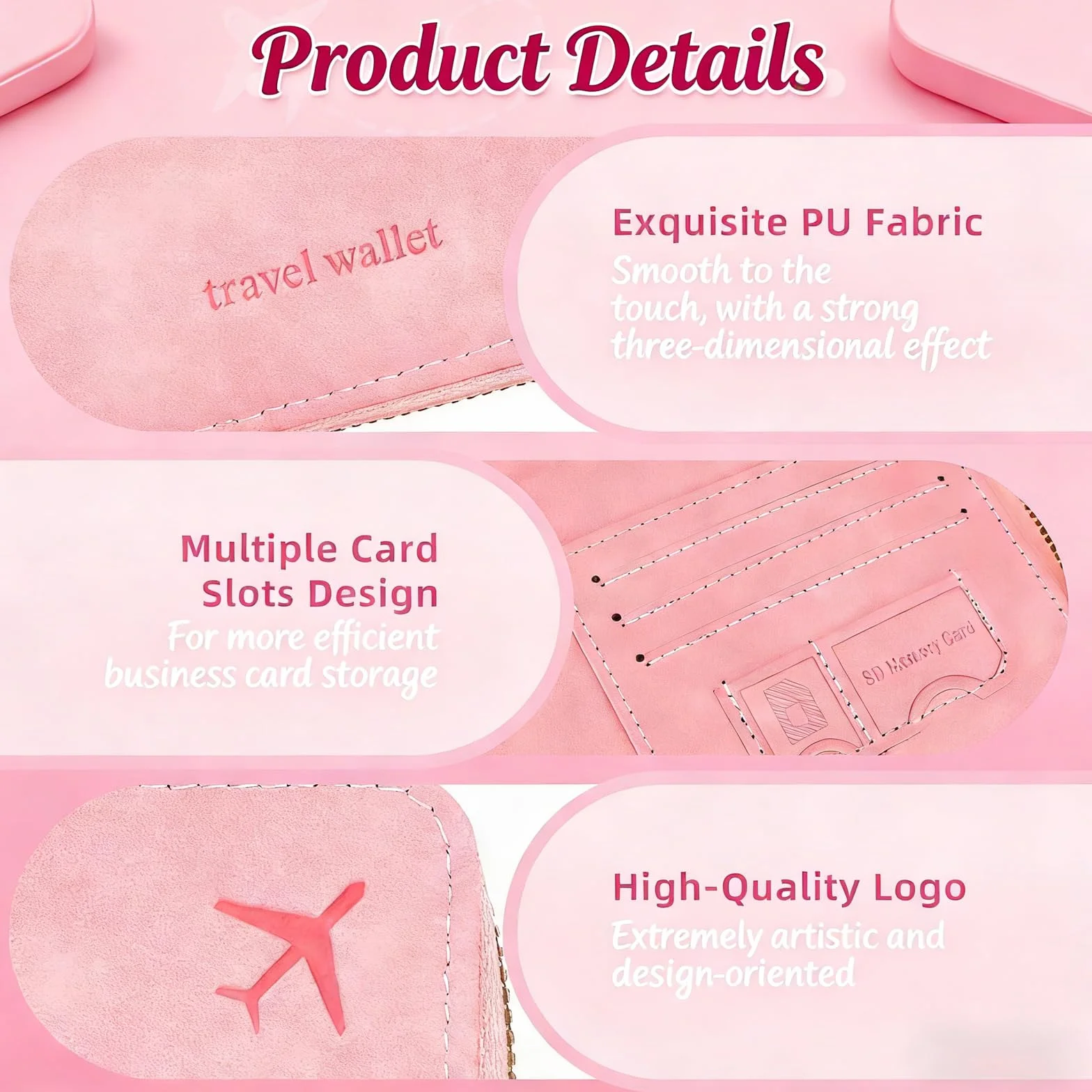 Portefeuille de voyage RFID rose similicuir avec fermeture zippée et sangle de poignet