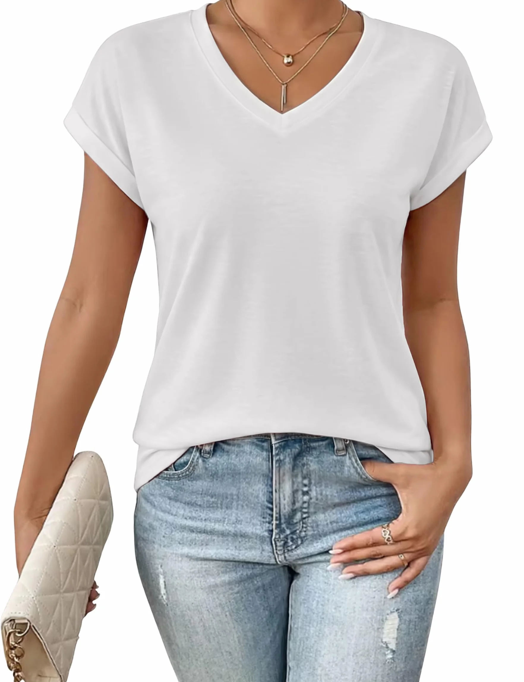 Tee Shirt Femme Col en V Coupe Ample Dissimule Le Ventre Manche Courte T-Shirt Basique