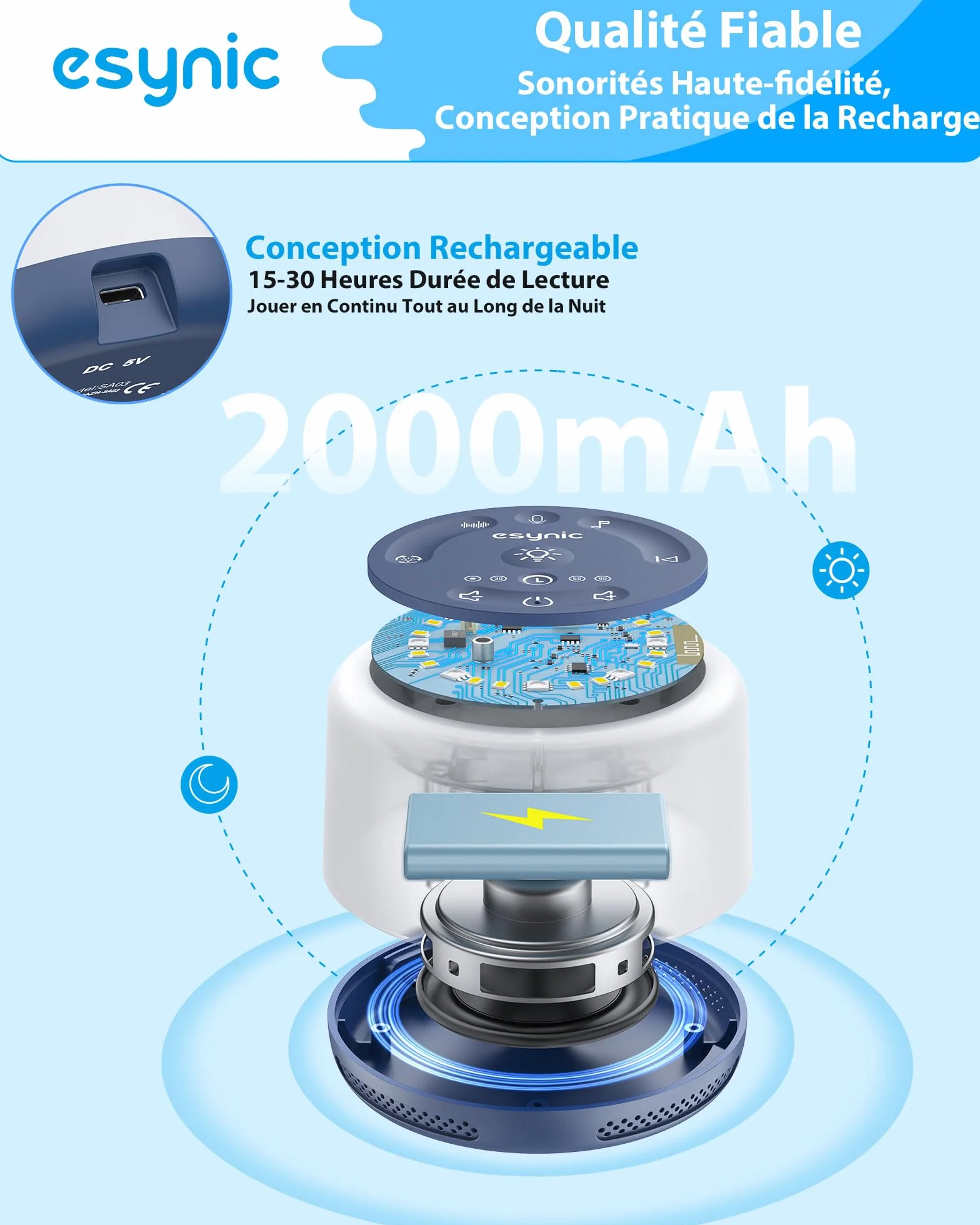 eSynic Machine à Bruit Blanc Portable pour Bébé avec 30 Sons Relaxants, Veilleuse Réglable, Minuterie, Batterie Intégrée (Bleu)