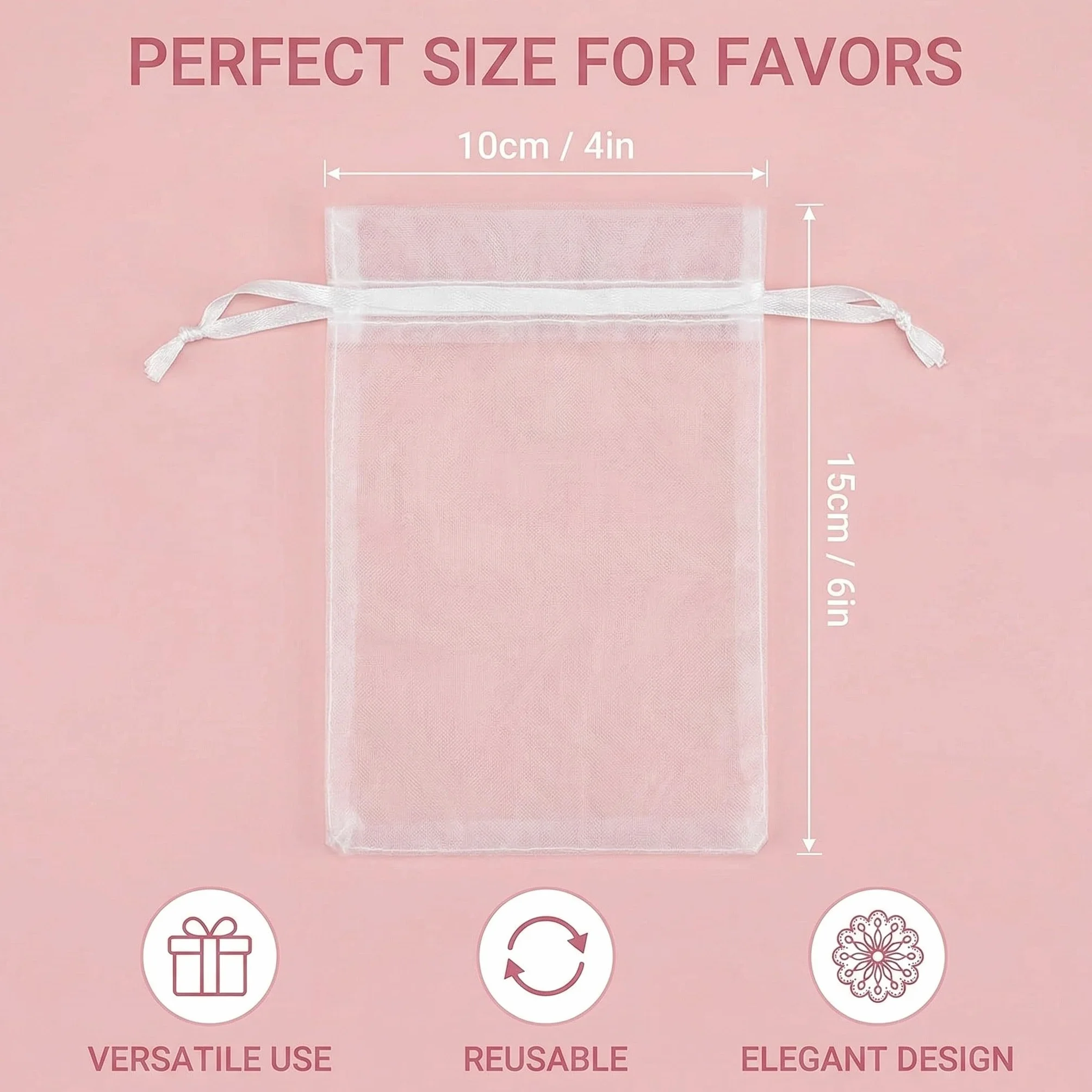 Sachet Organza 50 Pièces 10x15cm Blanc avec Cordon pour Bijoux Cadeaux Mariage