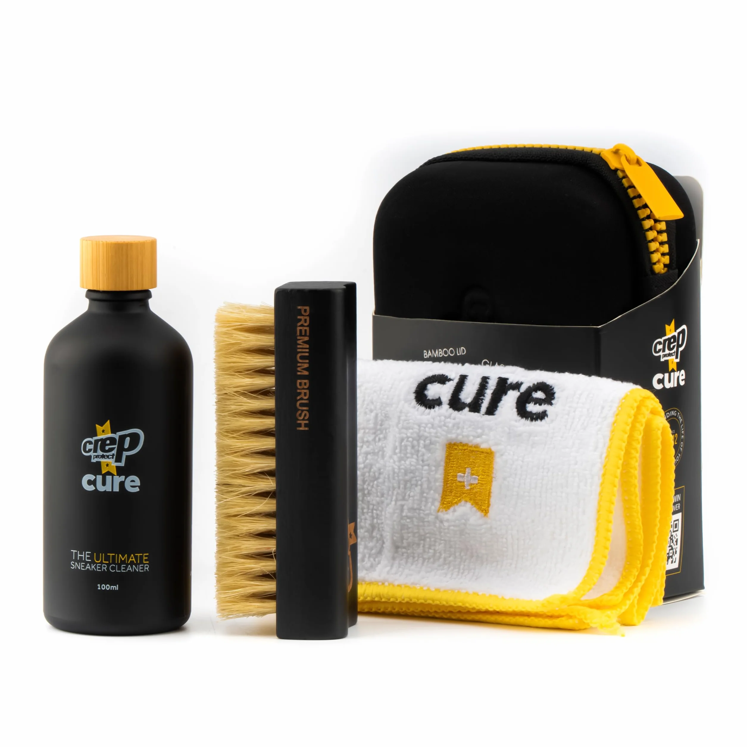Crep Protect Kit de CURE - Kit de nettoyage de baskets haut de gamme avec brosse, solution 100 ml, chiffon microfibre et pochette réutilisable