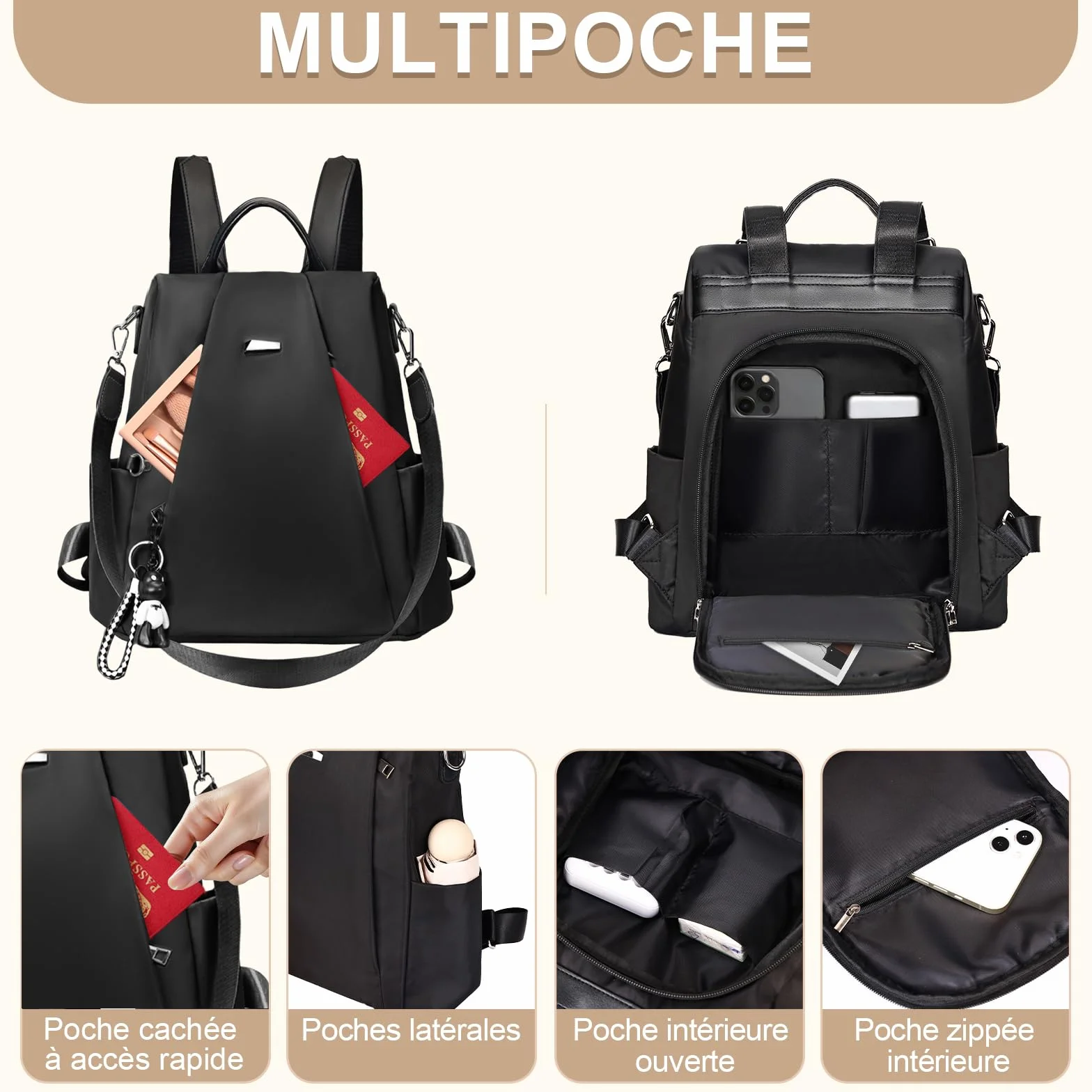 Eshow Sac à Dos Femme Antivol, Petit Sac Bandoulière Léger Voyage Noir