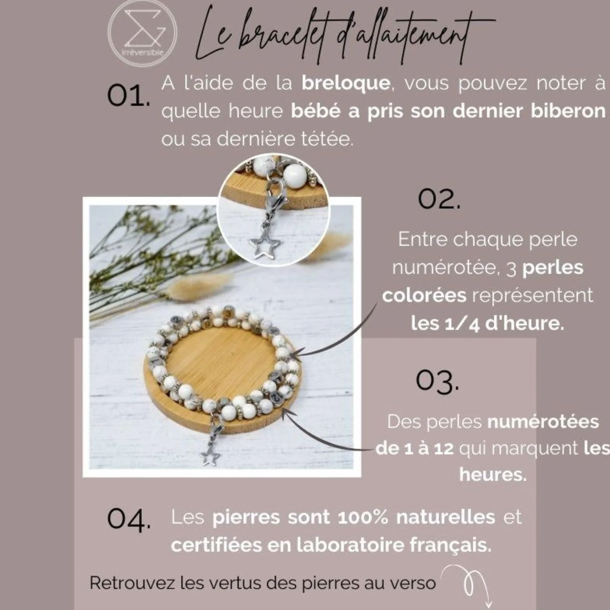 Bracelet d'Allaitement en Quartz Rose avec Suivi Précis Heures Tétées - Ajustable