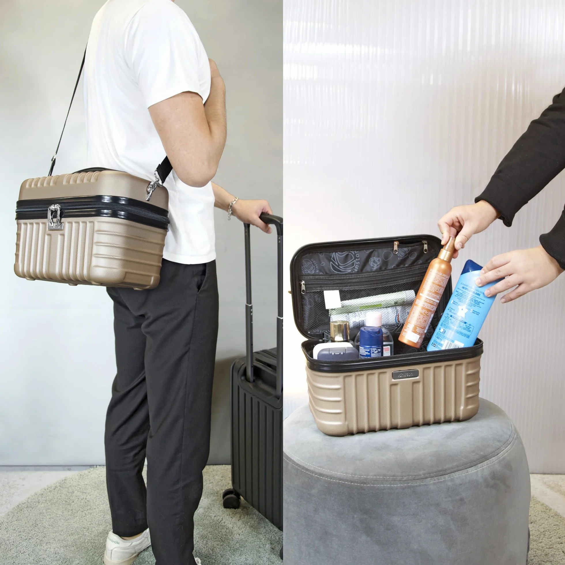 KINSTON Vanity Case Rigide à Bandoulière - Trousse de Toilette Voyage Cosmétiques - Grande capacité Champagne