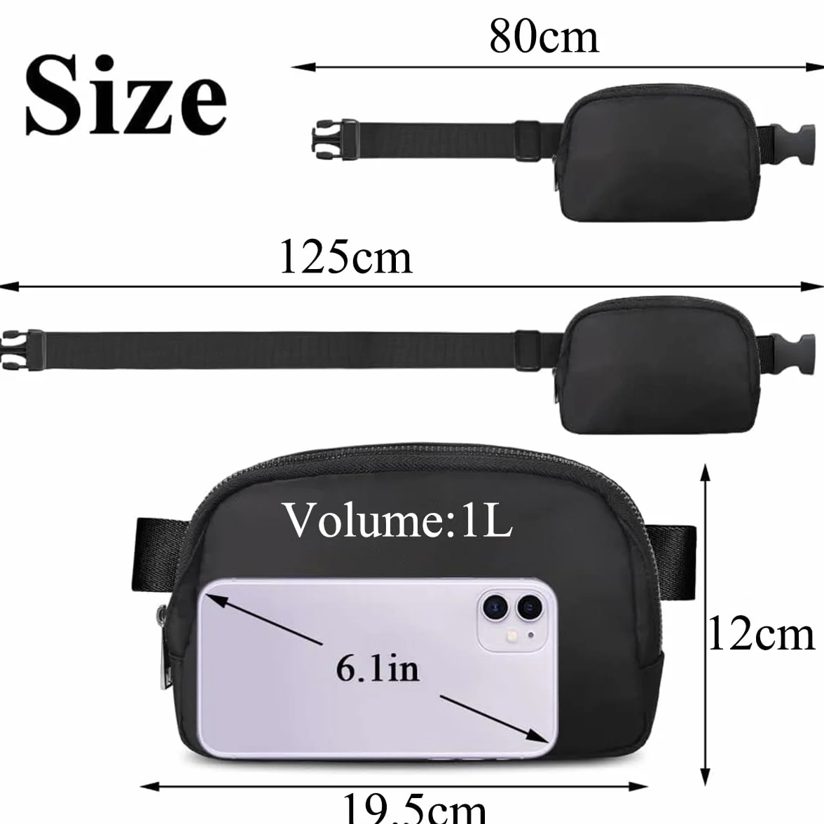Sac Banane Homme Femme Unisexe Randonnée Ceinture Bandoulière Multifonctionnel Outdoor Waist Pack Fanny Pack Noir
