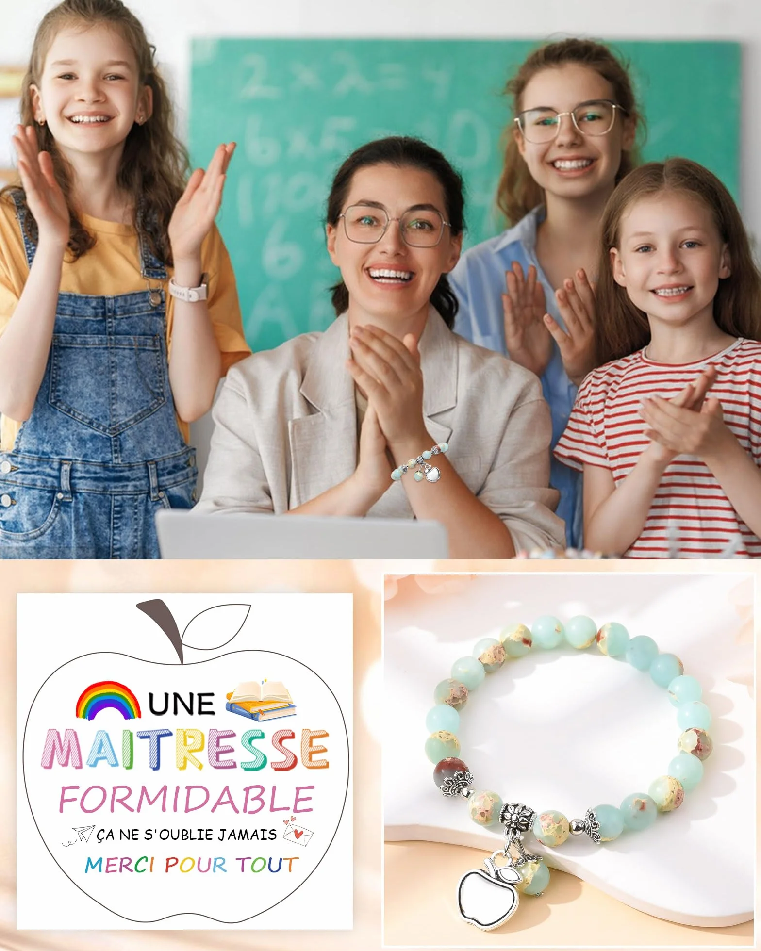 CheersLife Bracelet Pierre Naturelle Femme Cadeau Maitresse d'école Personnalisé