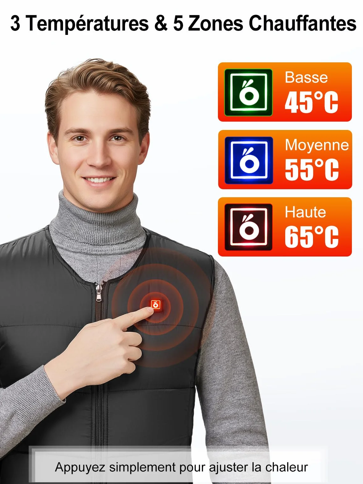 Gilet Chauffant Homme Femme avec Batterie Incluse 10000mAh USB Électrique 5 Zones Chauffage 3 Chaleurs