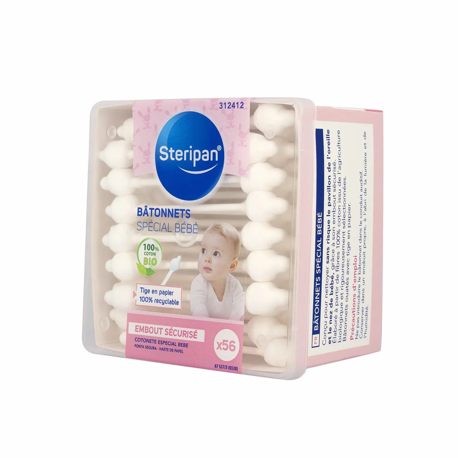 Bâtonnets Spécial Bébé 100% Coton Bio Tige en Papier Recyclable x56