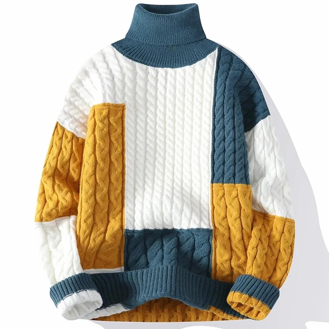 Pull d'hiver à col roulé patchwork pour homme manches longues