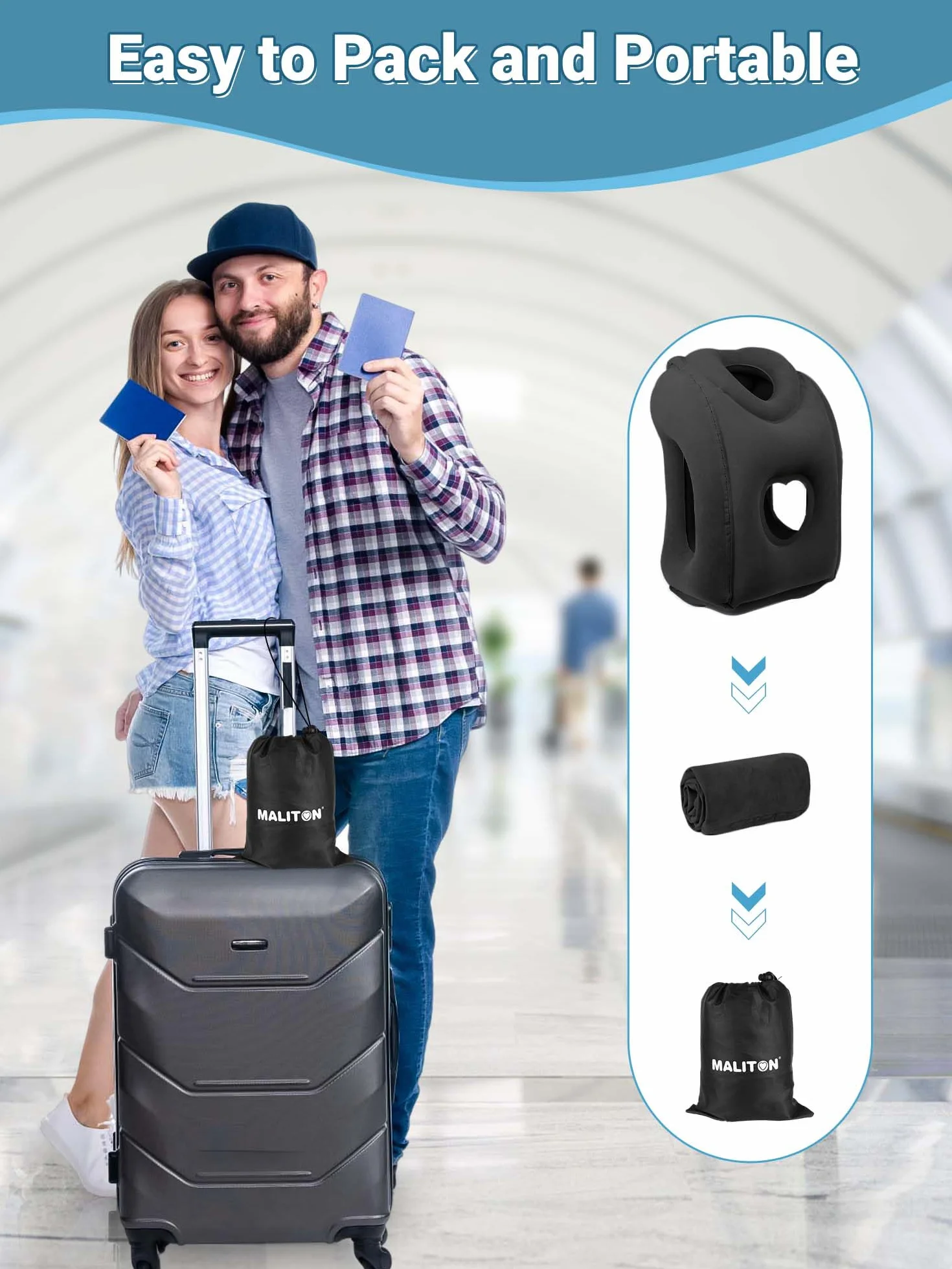Oreiller de Voyage Gonflable Maliton avec Support d'appui-tête, Coussin Pliable pour Avion, Train, Maison ou Bureau - Noir