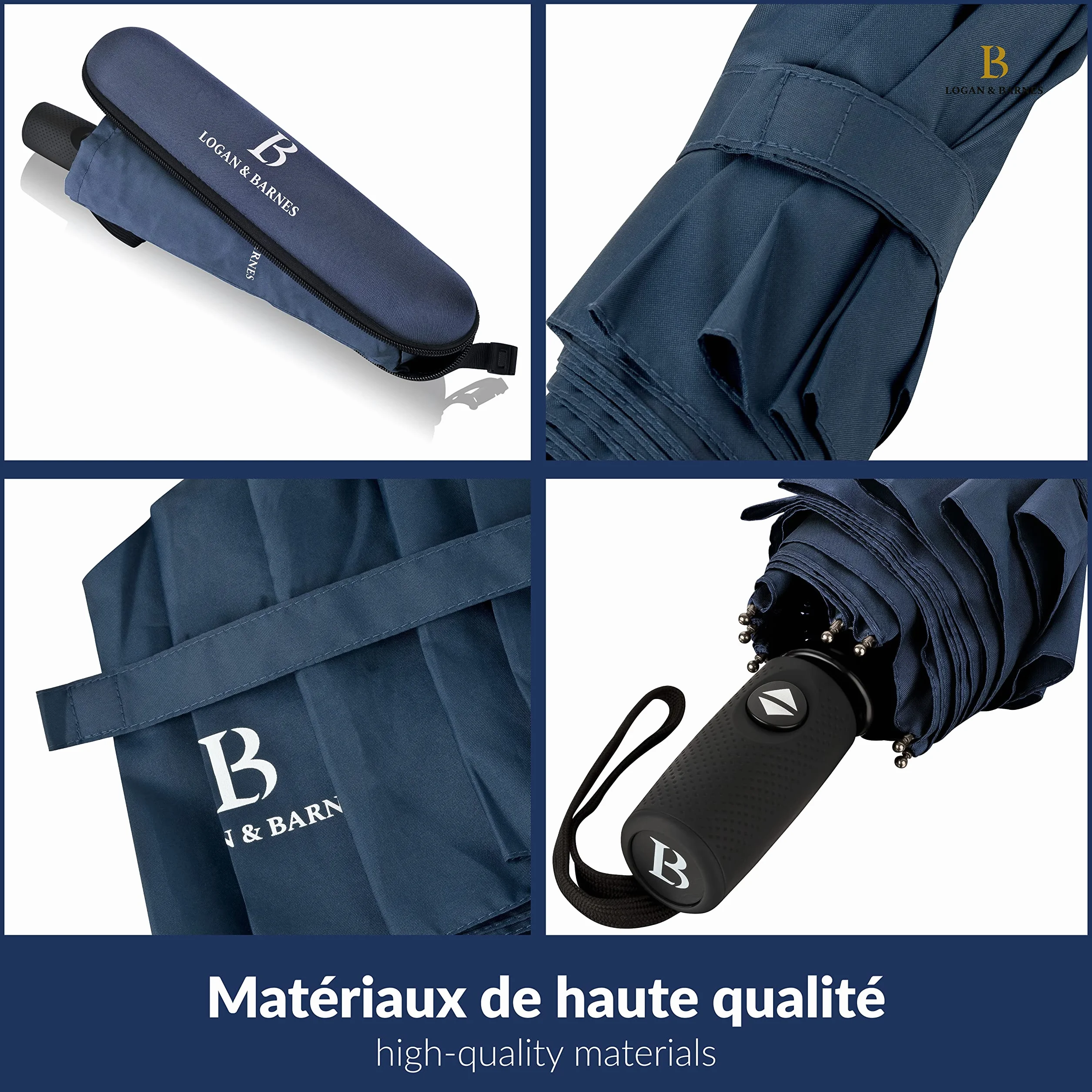 LOGAN & BARNES Parapluie résistant aux tempêtes 140 km/h – Parapluie de poche Boston revêtement téflon