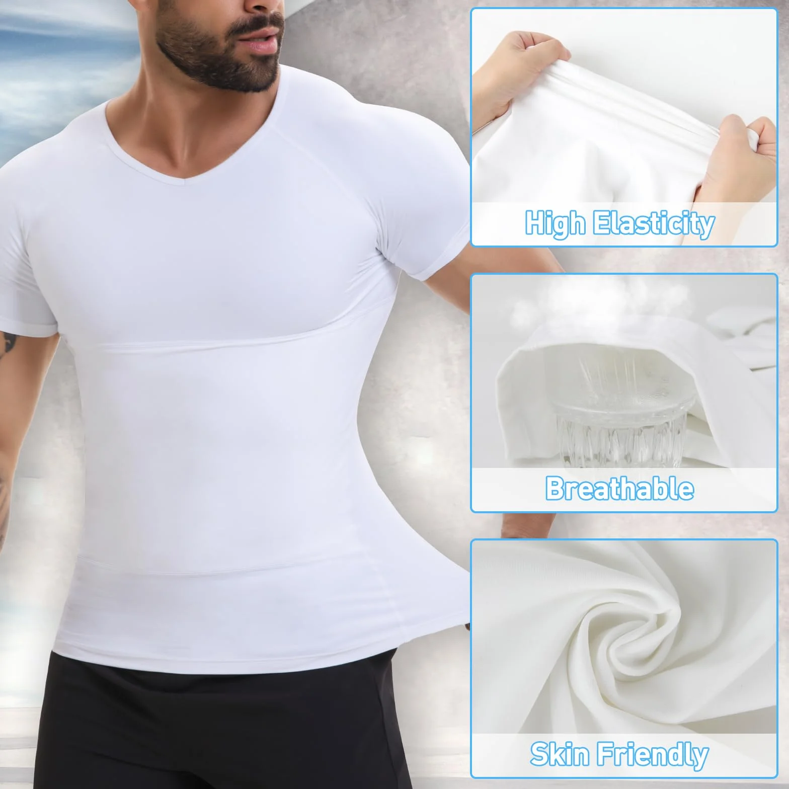 SLIMBELLE Chemise de compression homme Col en V Élastique Taille amincissante Contrôle du ventre