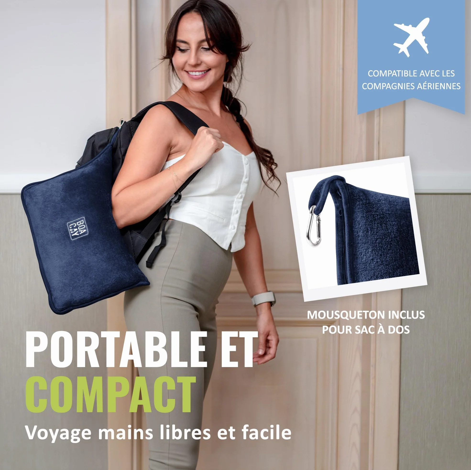 BOACAY Couverture de Voyage Douce Chaude Avion Voiture Oreiller Compact Manchon Bagages Clip Sac à Dos