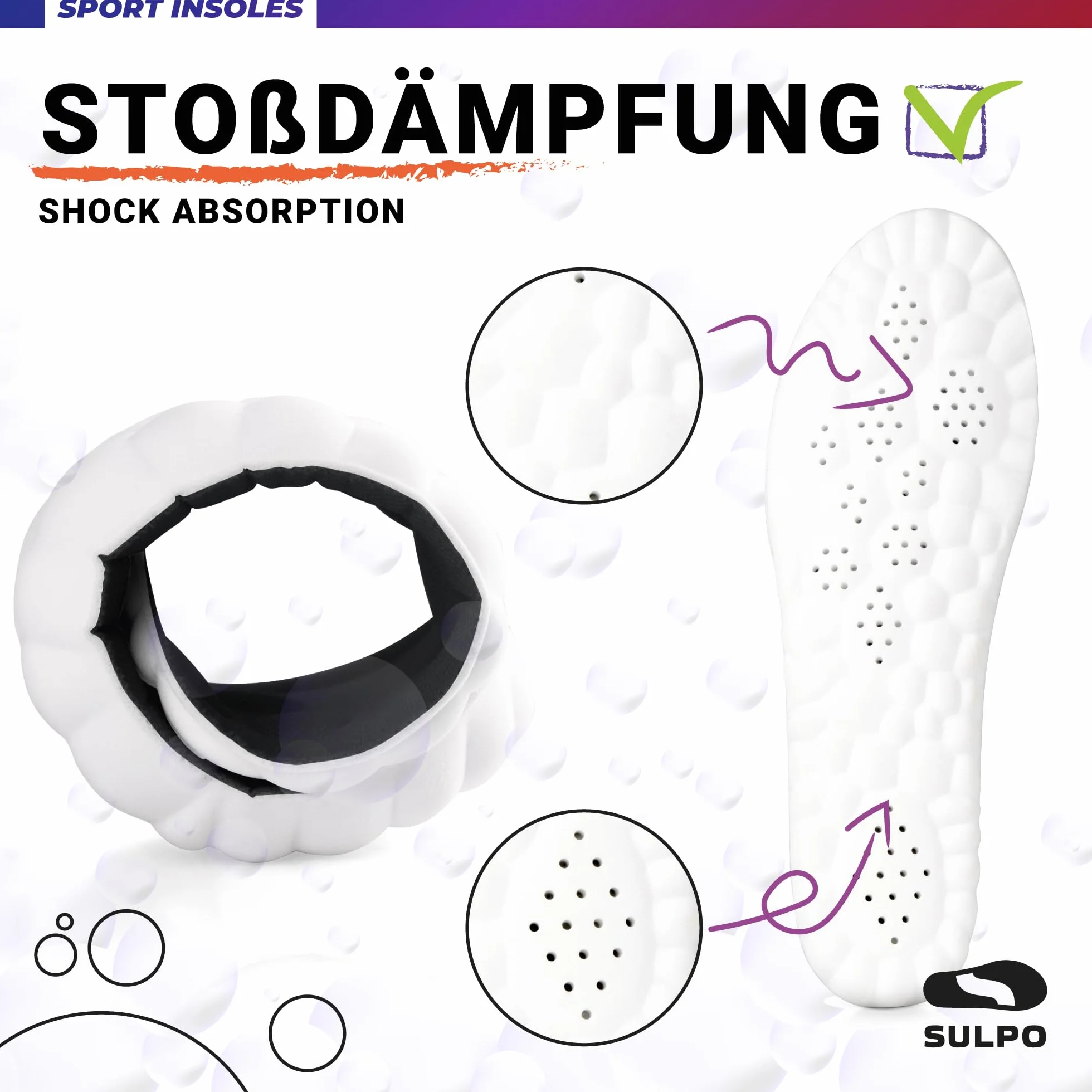 SULPO SPORT Semelles Orthopédiques Chaussures Sportives Confort Amortissantes Absorption Chocs Respirantes 43-44 XL Noir