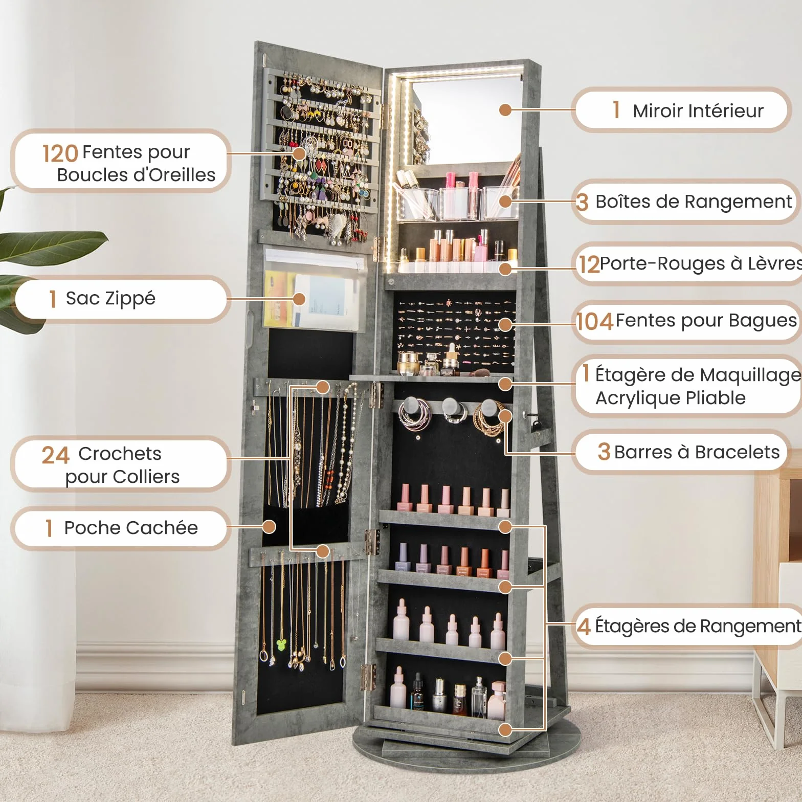 RELAX4LIFE Armoire à Bijoux Pivotante 360º avec Miroir Pleine Longueur, Éclairage LED, Gris