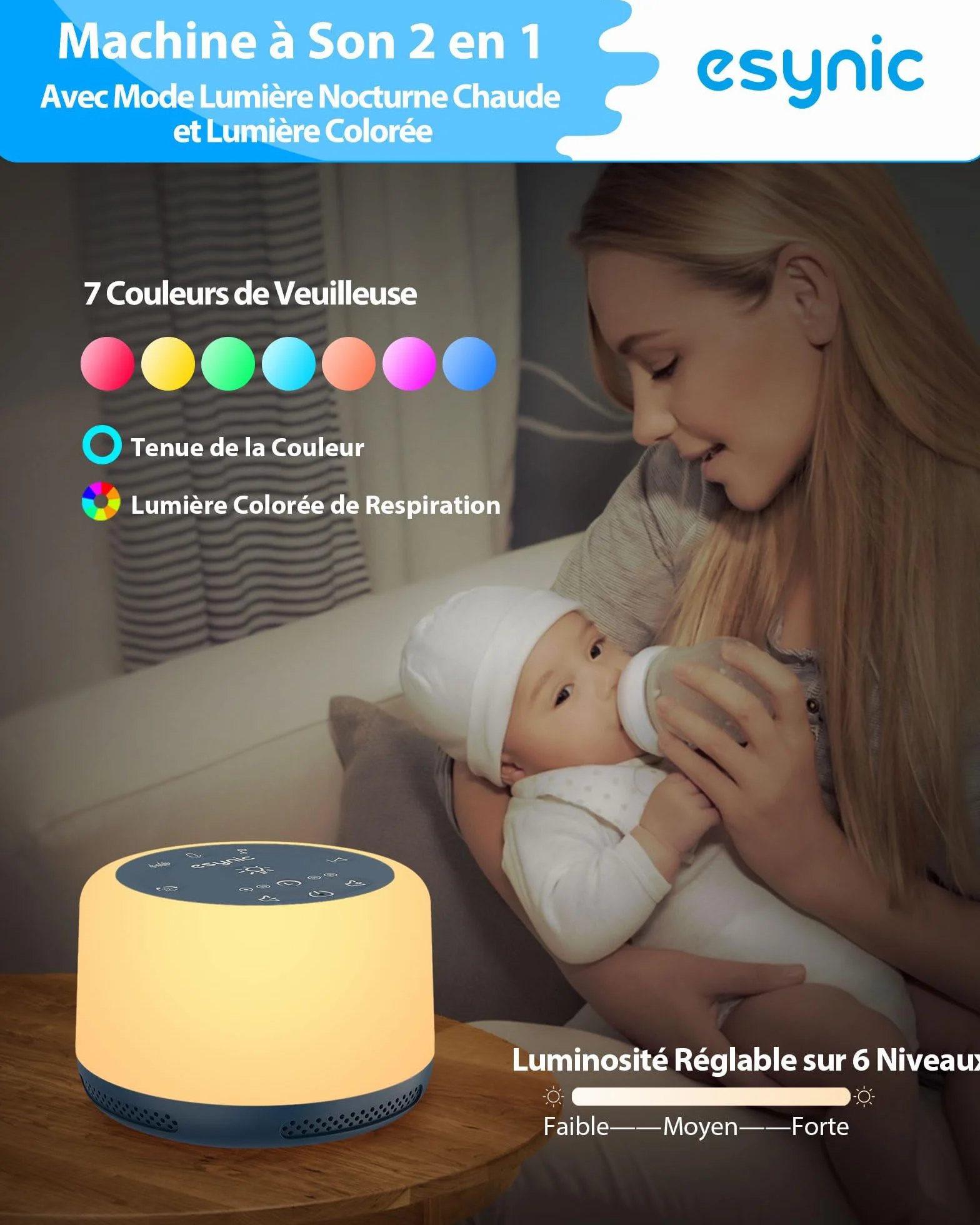 eSynic Machine à Bruit Blanc Portable pour Bébé avec 30 Sons Relaxants, Veilleuse Réglable, Minuterie, Batterie Intégrée (Bleu)
