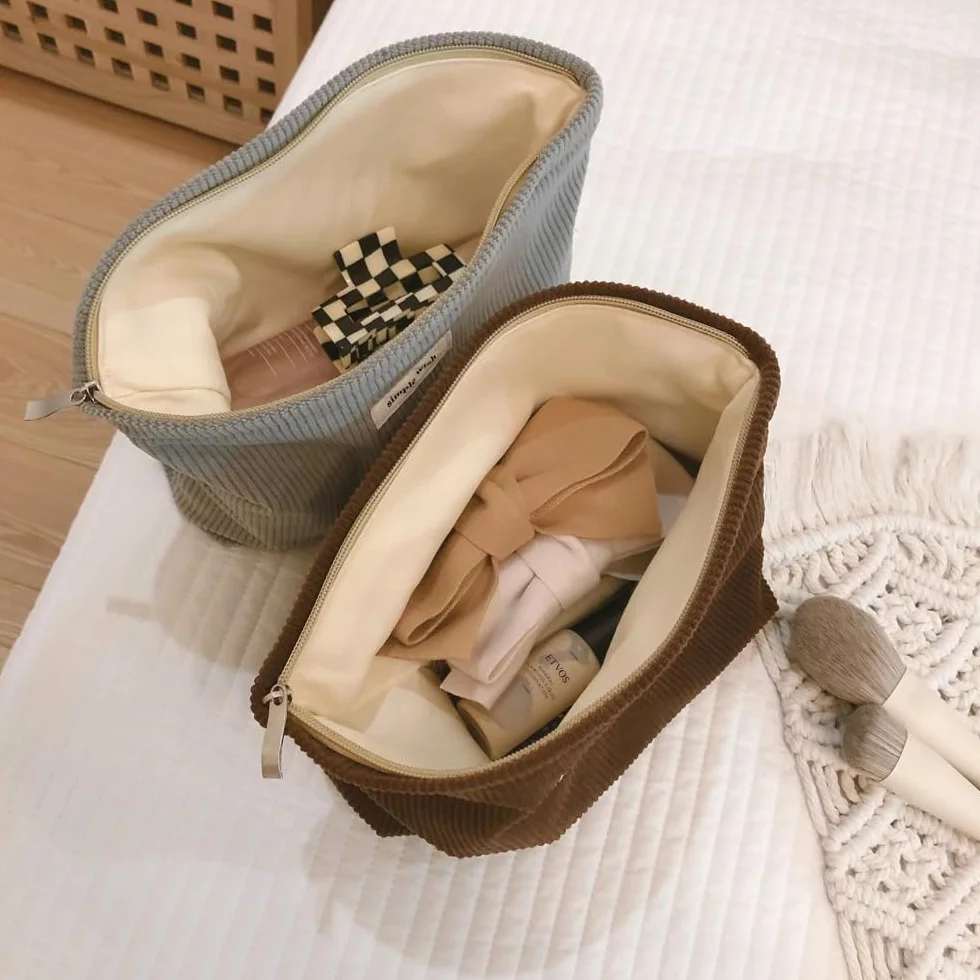 Trousse de Toilette Femme en Velours Côtelé pour Voyage, Maquillage, Sac Cosmétique (Vert)