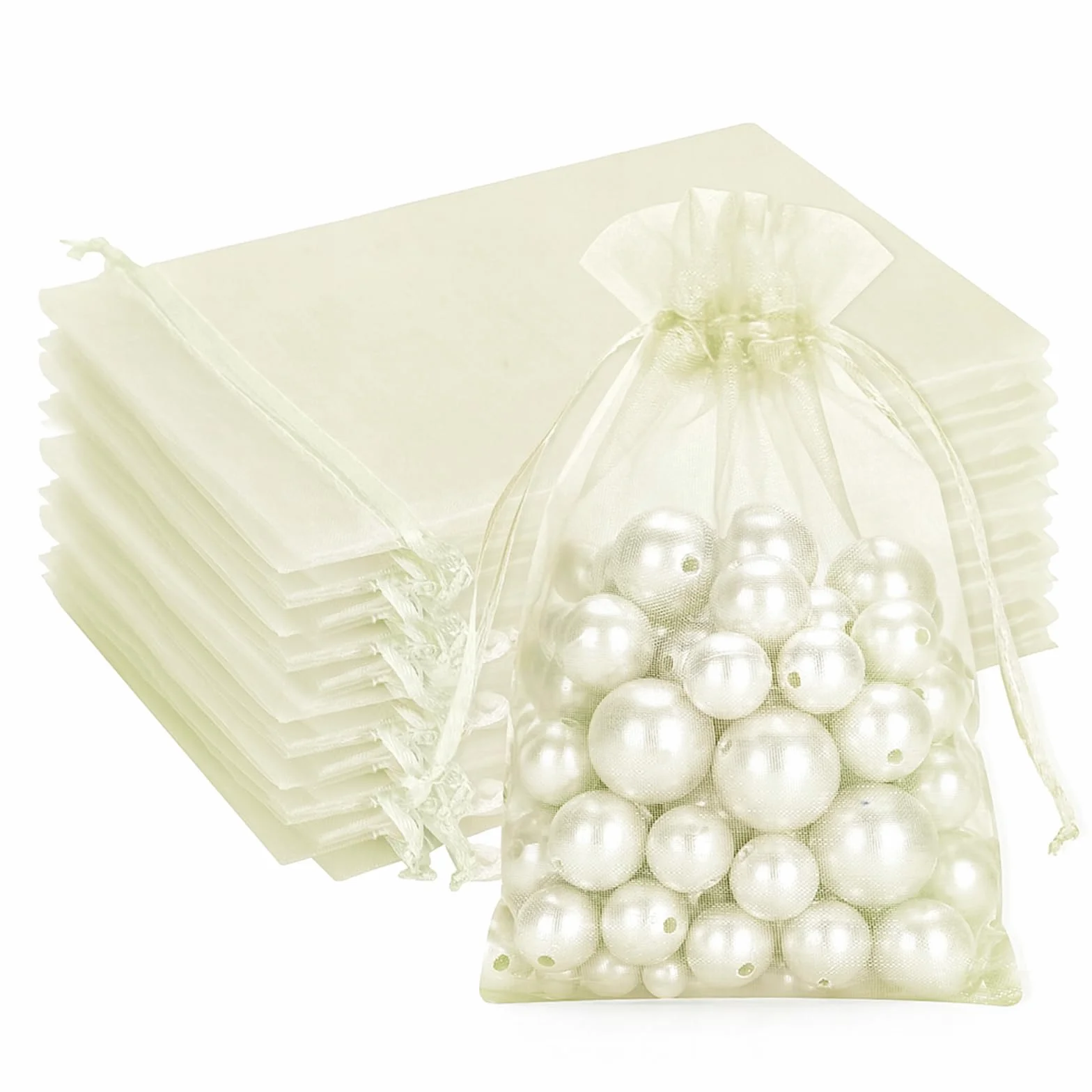 Lot de 50 sacs en organza beige clair 10 x 15 cm avec cordon de serrage pour cadeaux mariage bijoux