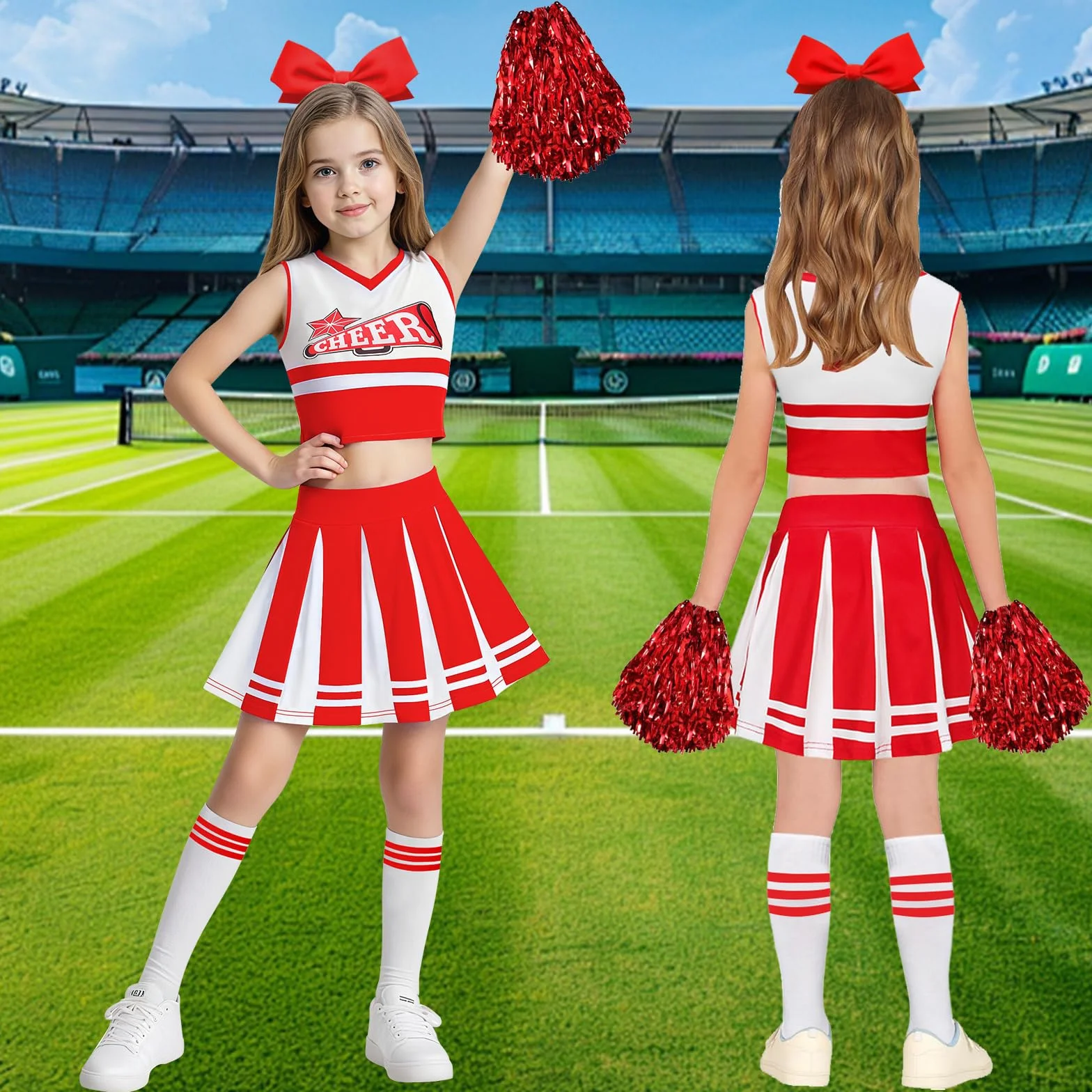 Deguisement Pompom Girl Cheerleader avec Pom Poms Noeud Chaussettes Costume Enfant Uniforme Carnaval Halloween