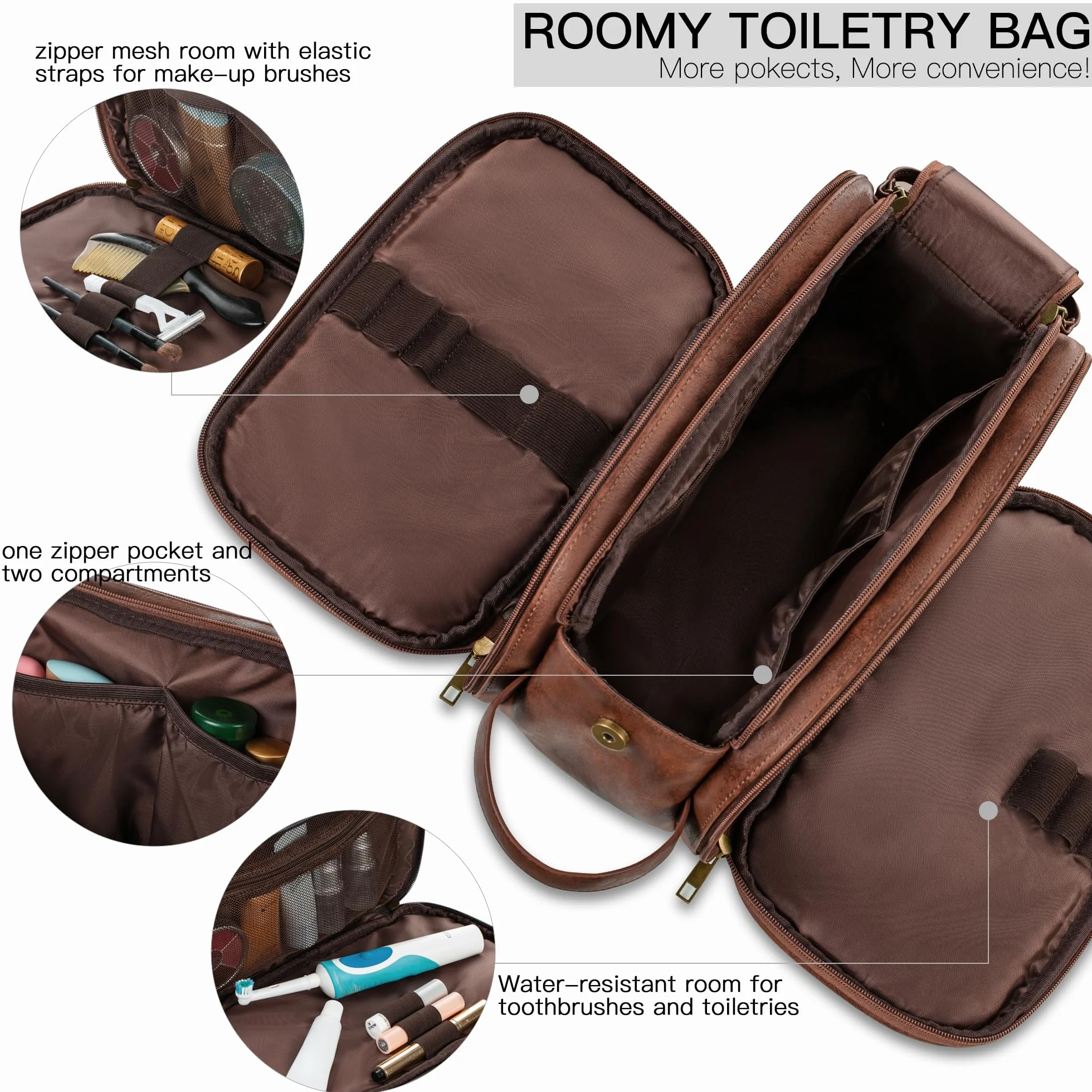 Grande Trousse de Toilette en Cuir résistant à l'eau pour Homme - Kit de Rasage - Organisateur de Voyage