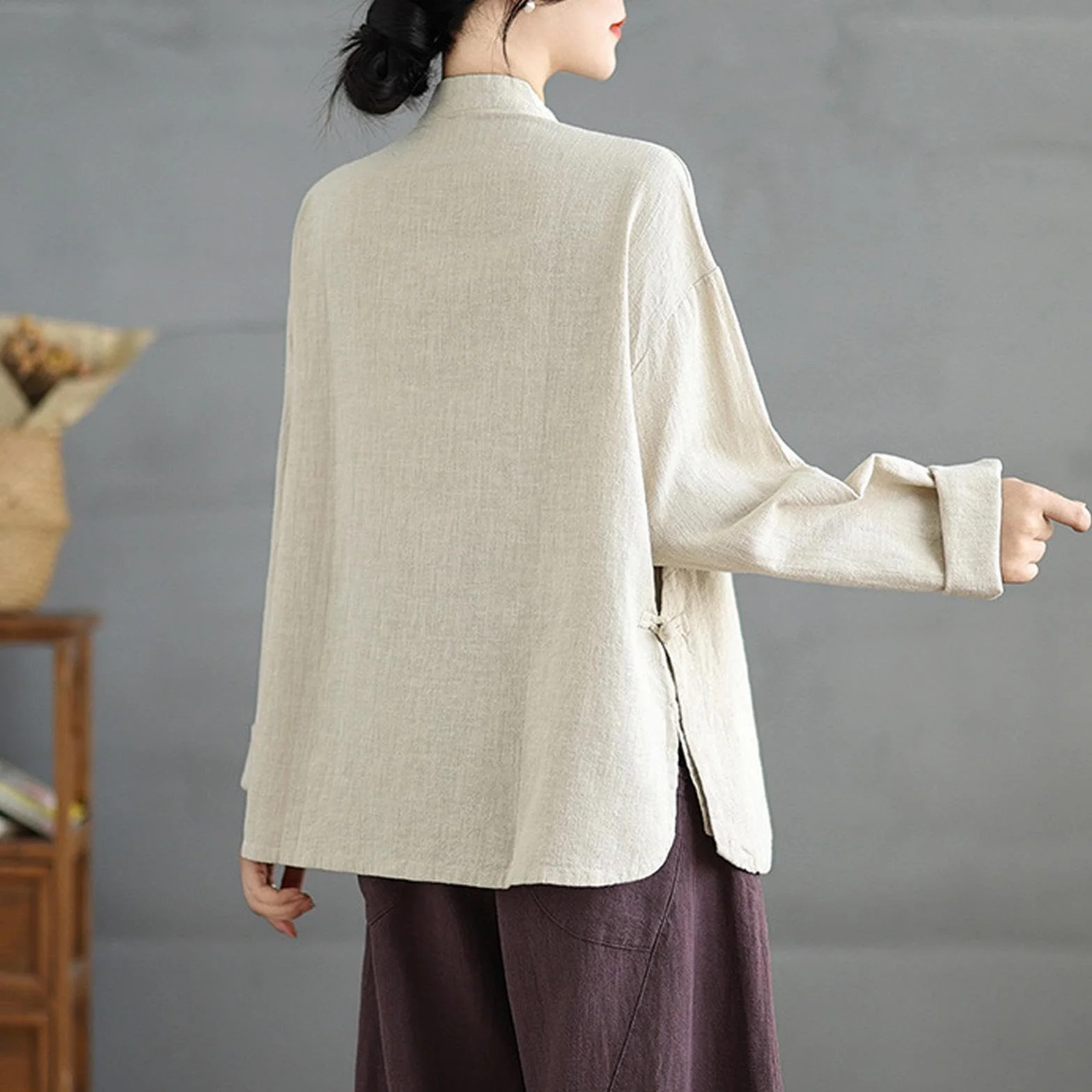 Tenue de Kung Fu Femme Coton Lin Uniforme Arts Martiaux Chinois Veste Manches Longues Pantalon Abricot