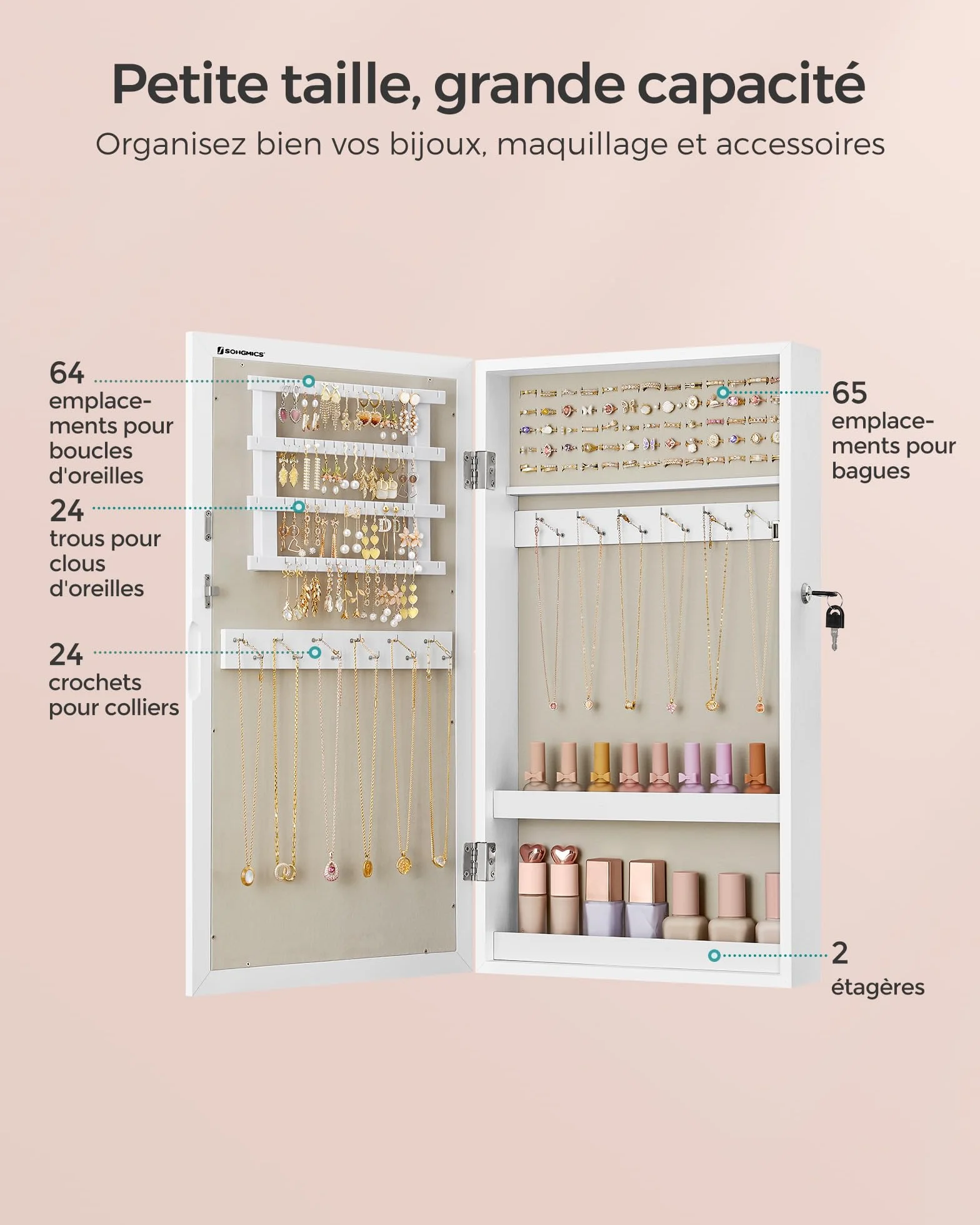 SONGMICS Armoire à Bijoux Murale avec Miroir, Verrouillable, Blanc et Grège JJC051W02