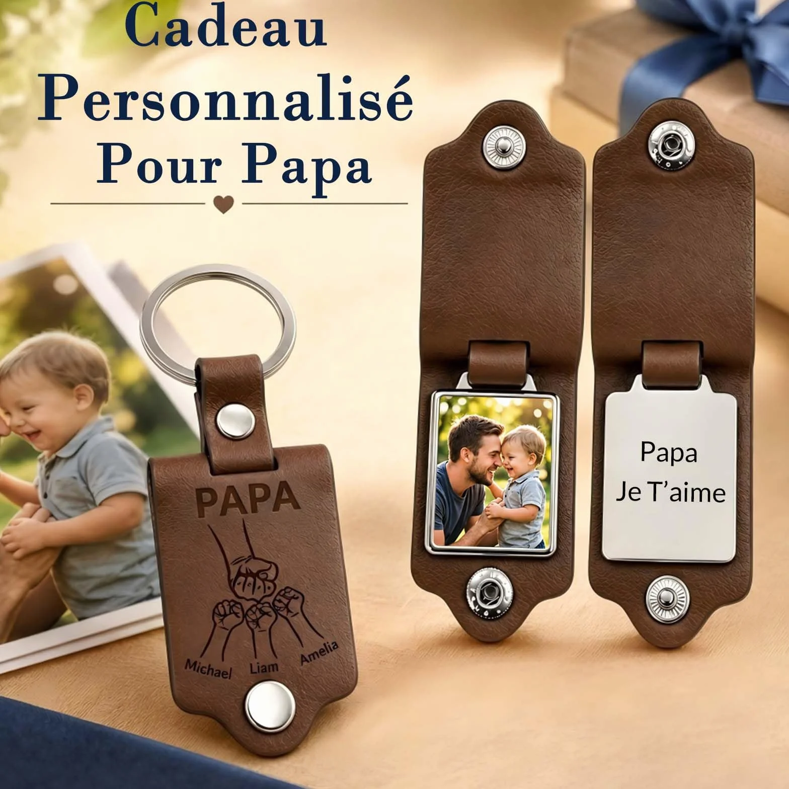 Porte-Clés Personnalisé avec Photo et Texte Gravé Double Face
