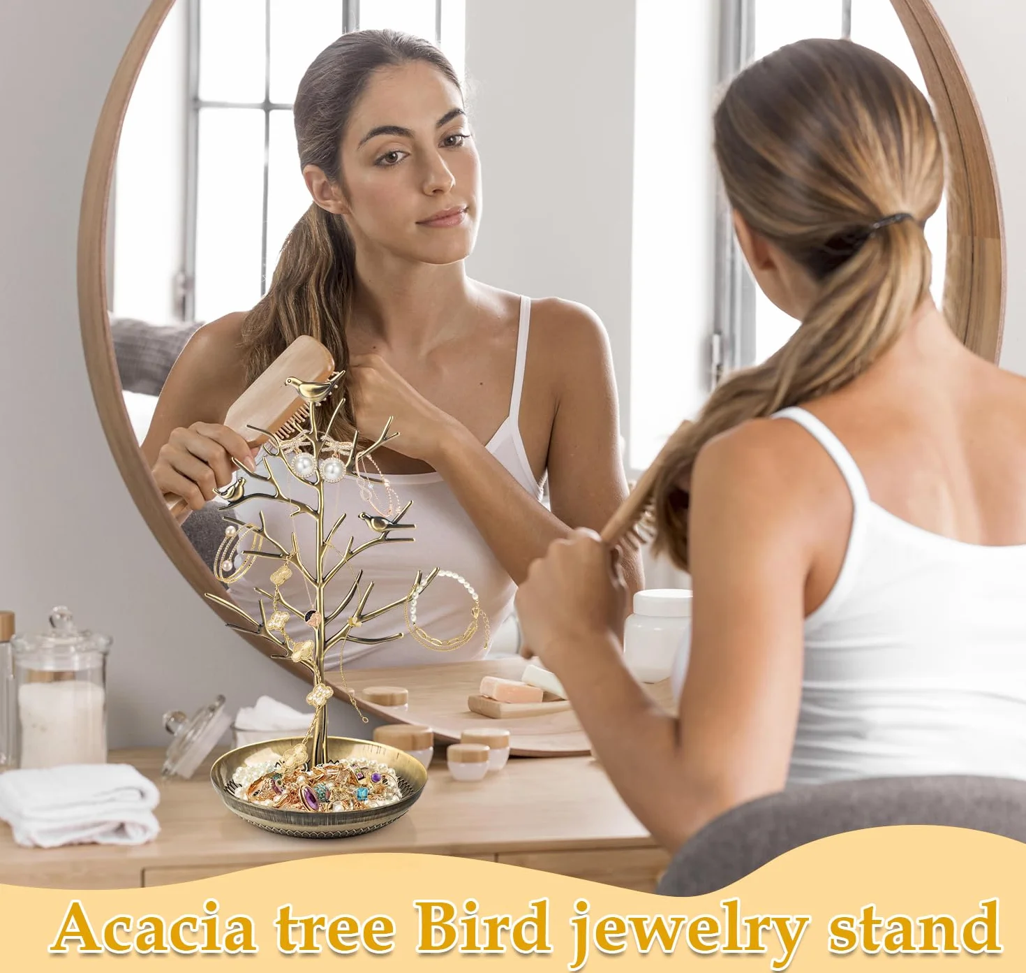 Arbre à Bijoux en Metal avec Socle Bambou, Porte-Bijoux Présentoir