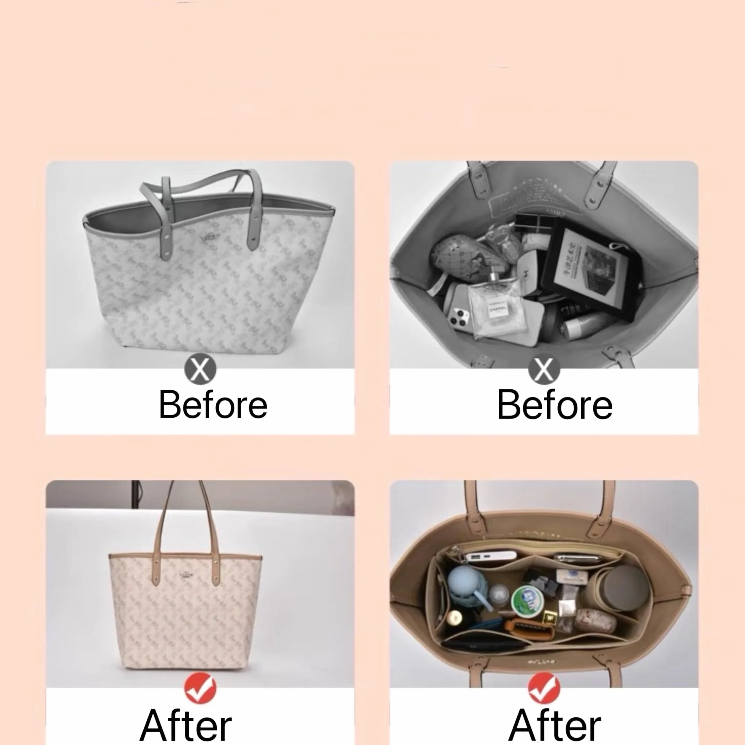 Organiseur de sac à main en feutre avec fermeture éclair, insert de rangement pour femme, beige, taille S
