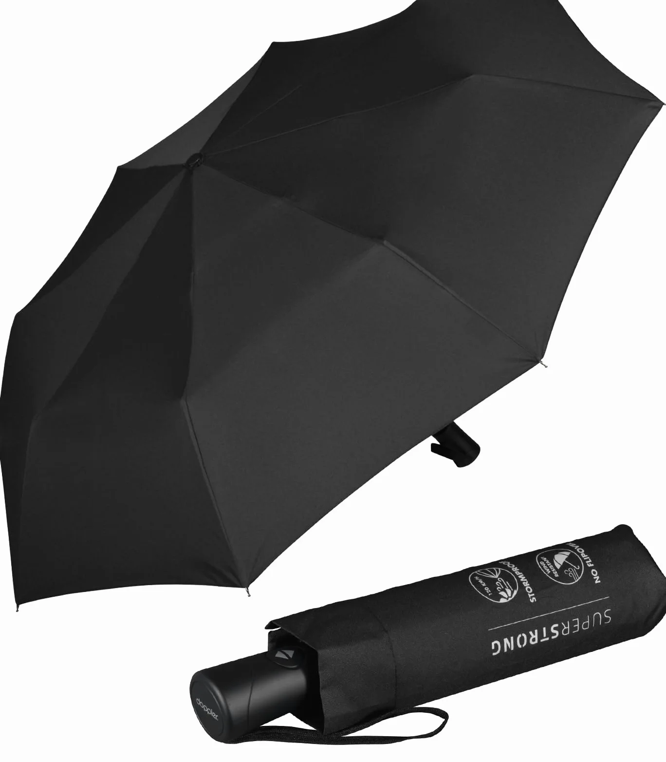 Doppler Parapluie pliant – Ouverture et Fermeture Automatiques – Testé en soufflerie à 120 km/h – 8 baleines en fibre de verre – Voyage Accessoires – Toile de 98 cm – Noir
