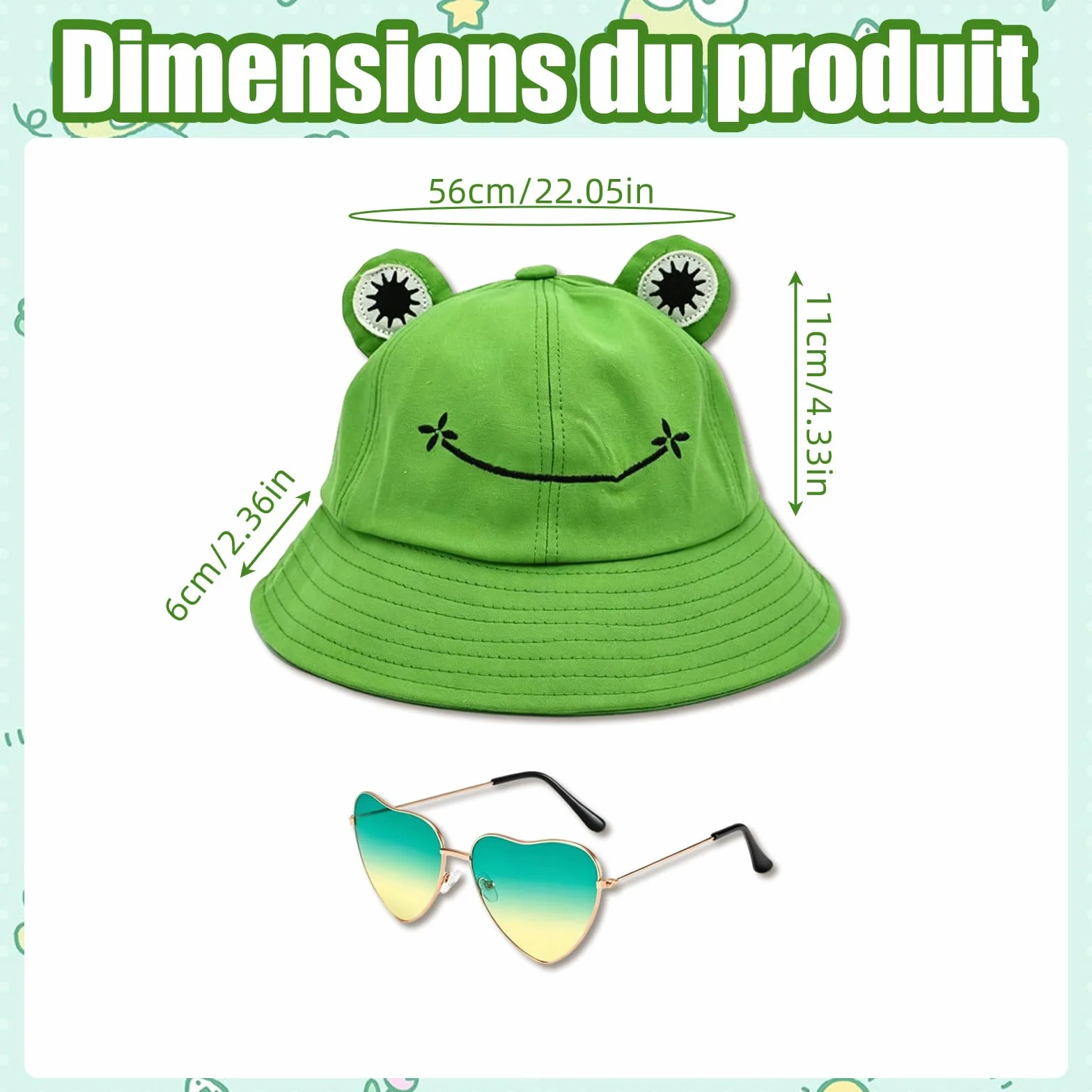 Grenouille Chapeau Bob Vert avec Lunettes Cœur Lot 2 Pièces Pliable Pêcheur Accessoire Soleil Plage Camping Randonnée Fête Été pour Femme Homme Adolescent