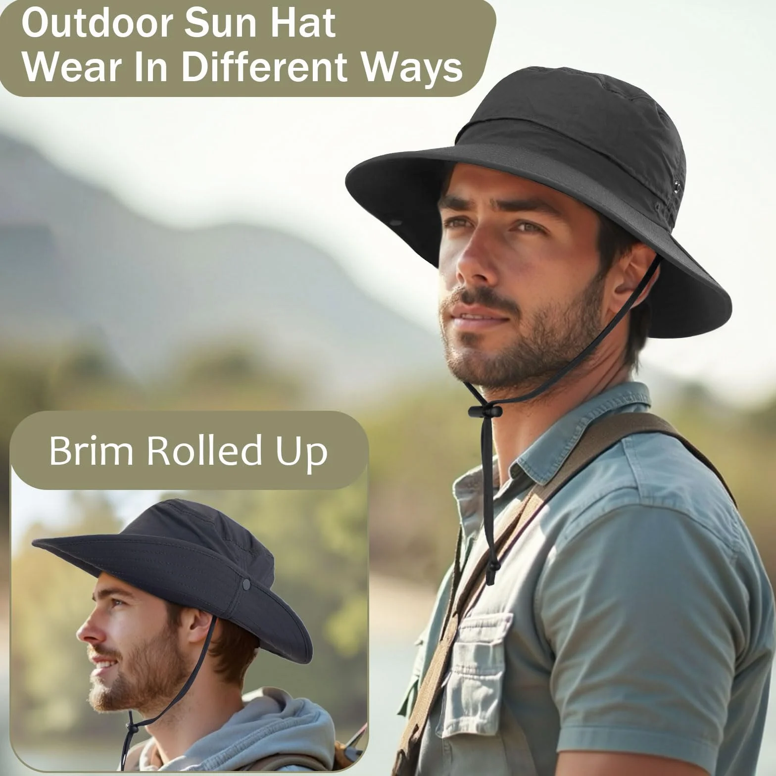 Bob Homme Imperméable Anti UV Chapeau Safari Soleil avec Maille Respirante Léger Pliable pour Randonnée Pêche Été