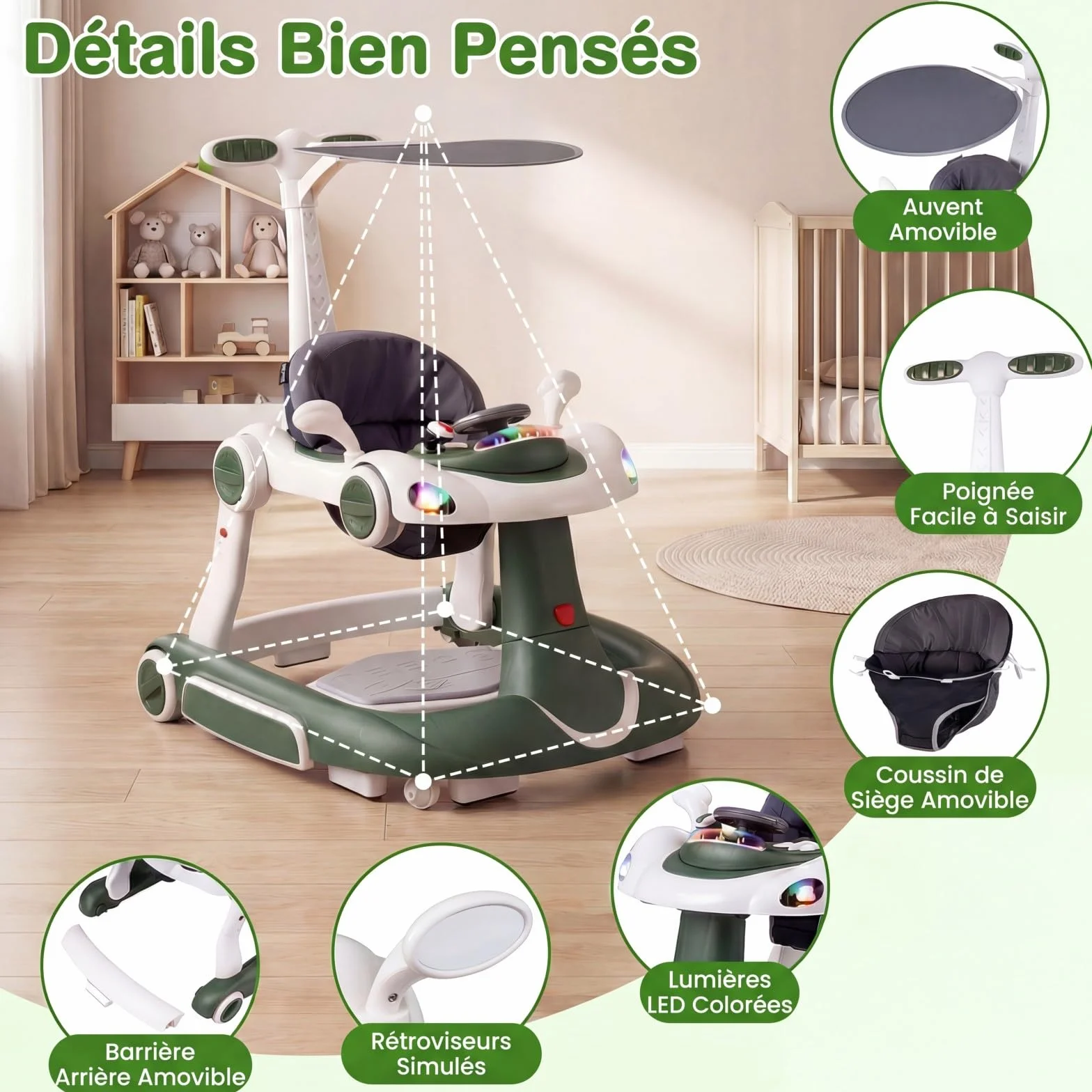 COSTWAY Trotteur Bébé Pliable 7 en 1 avec Mode Bascule et Sautillant, Hauteur Réglable, Musique et Lumière, Charge 12kg, 7-18 Mois (Vert)